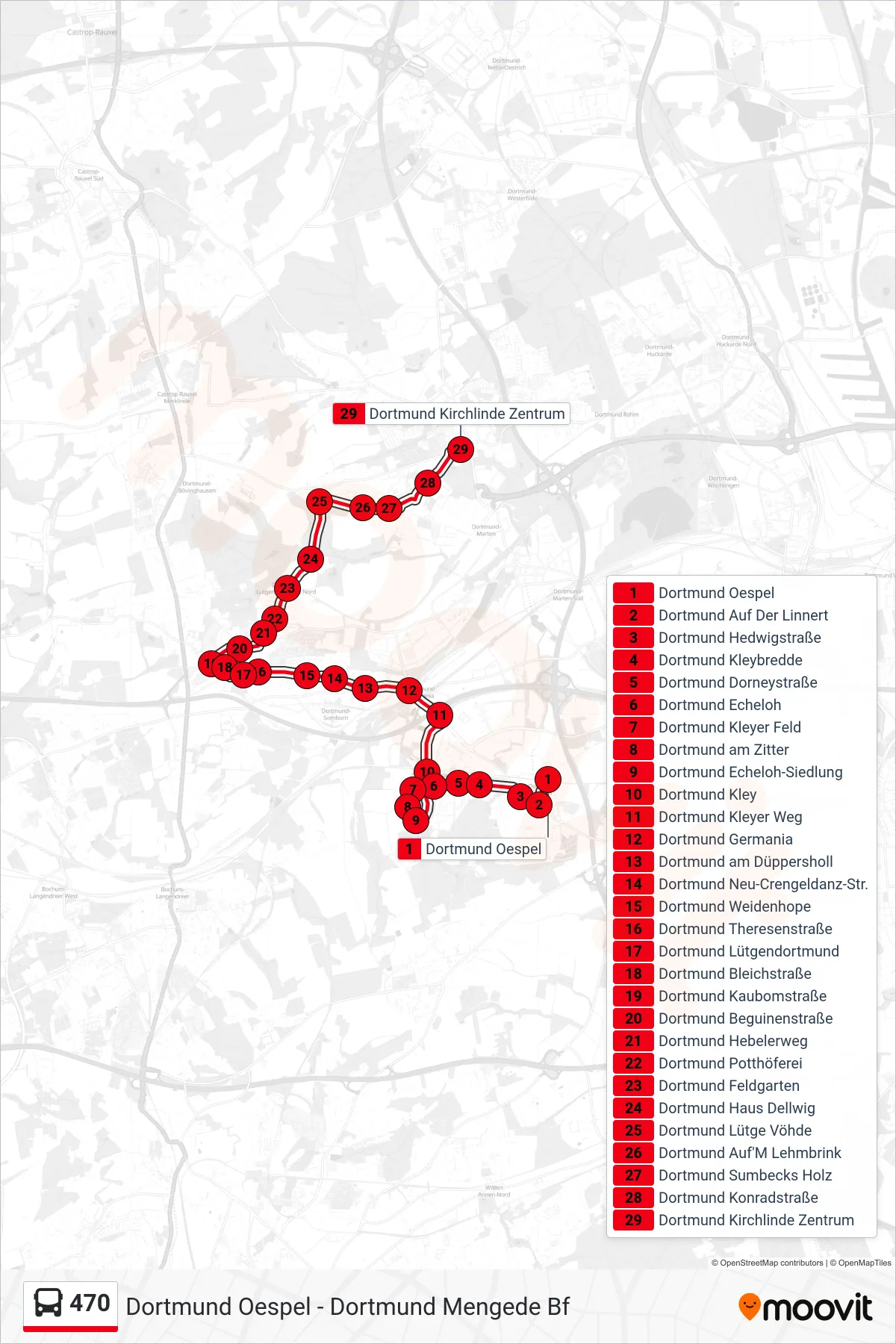 Linie 470 (Bus) Richtung Dortmund Kirchlinde Zentrum: Route und Haltestellen auf der Karte