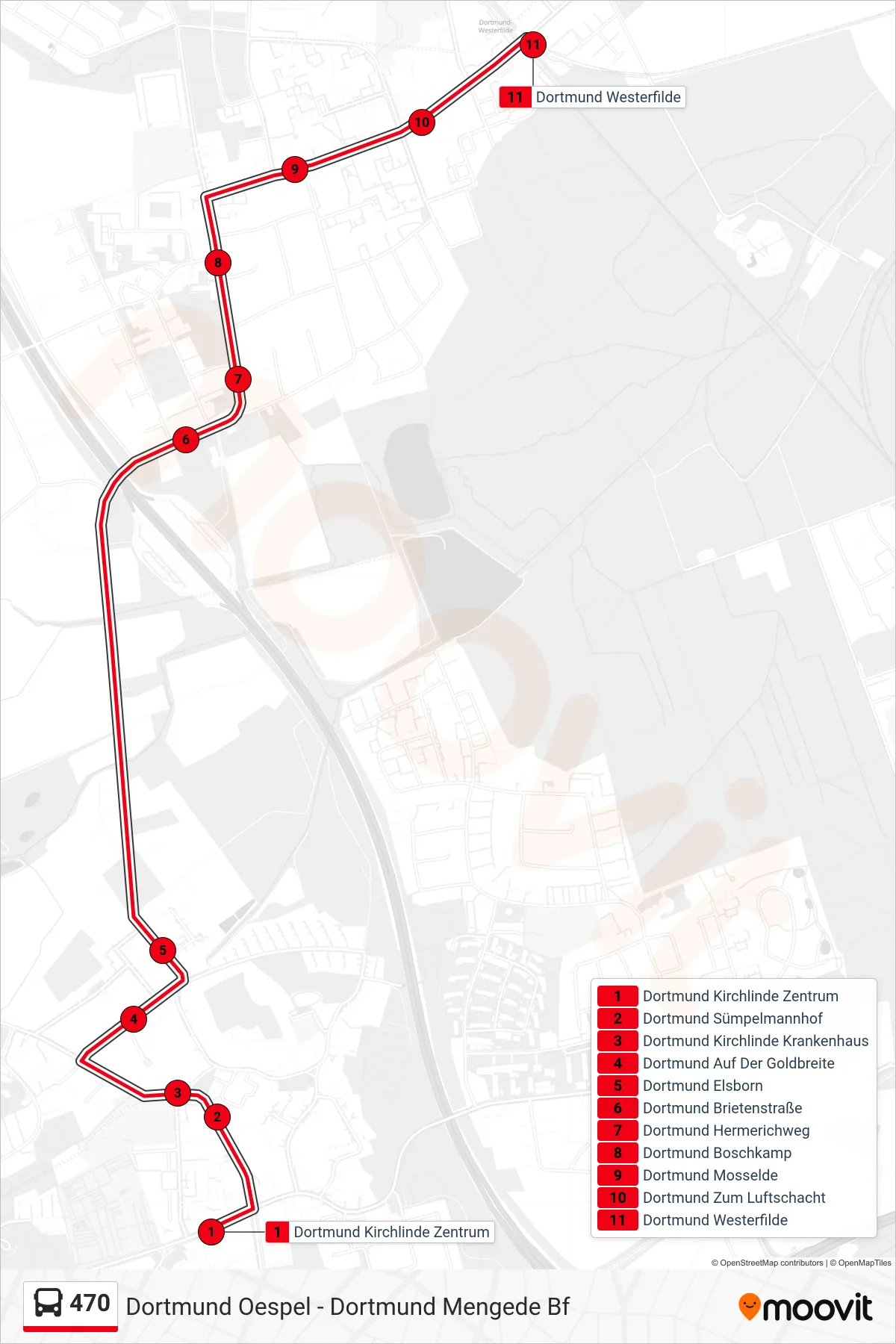 470 bus Line (Dortmund Westerfilde) route and stops on a map