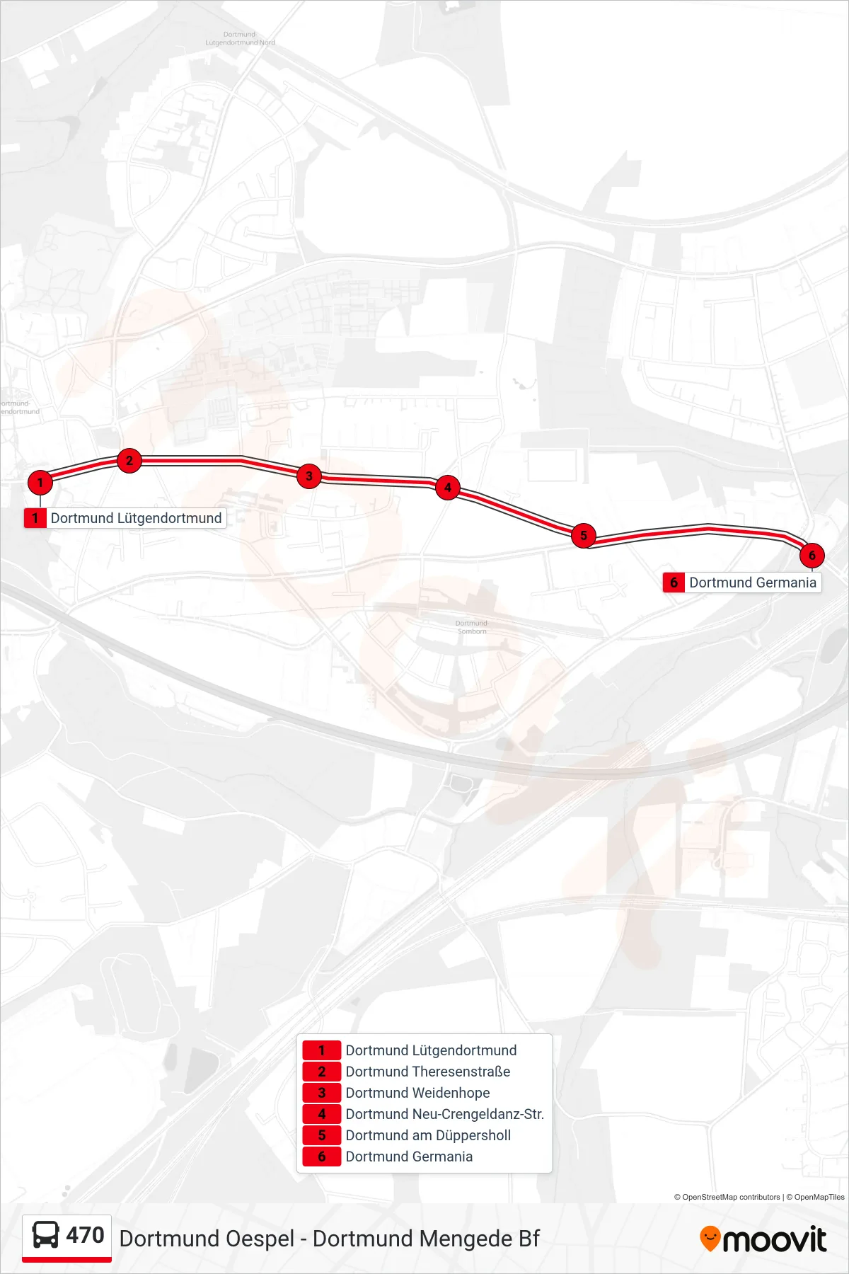 Linie 470 (Bus) Richtung Dortmund Germania: Route und Haltestellen auf der Karte