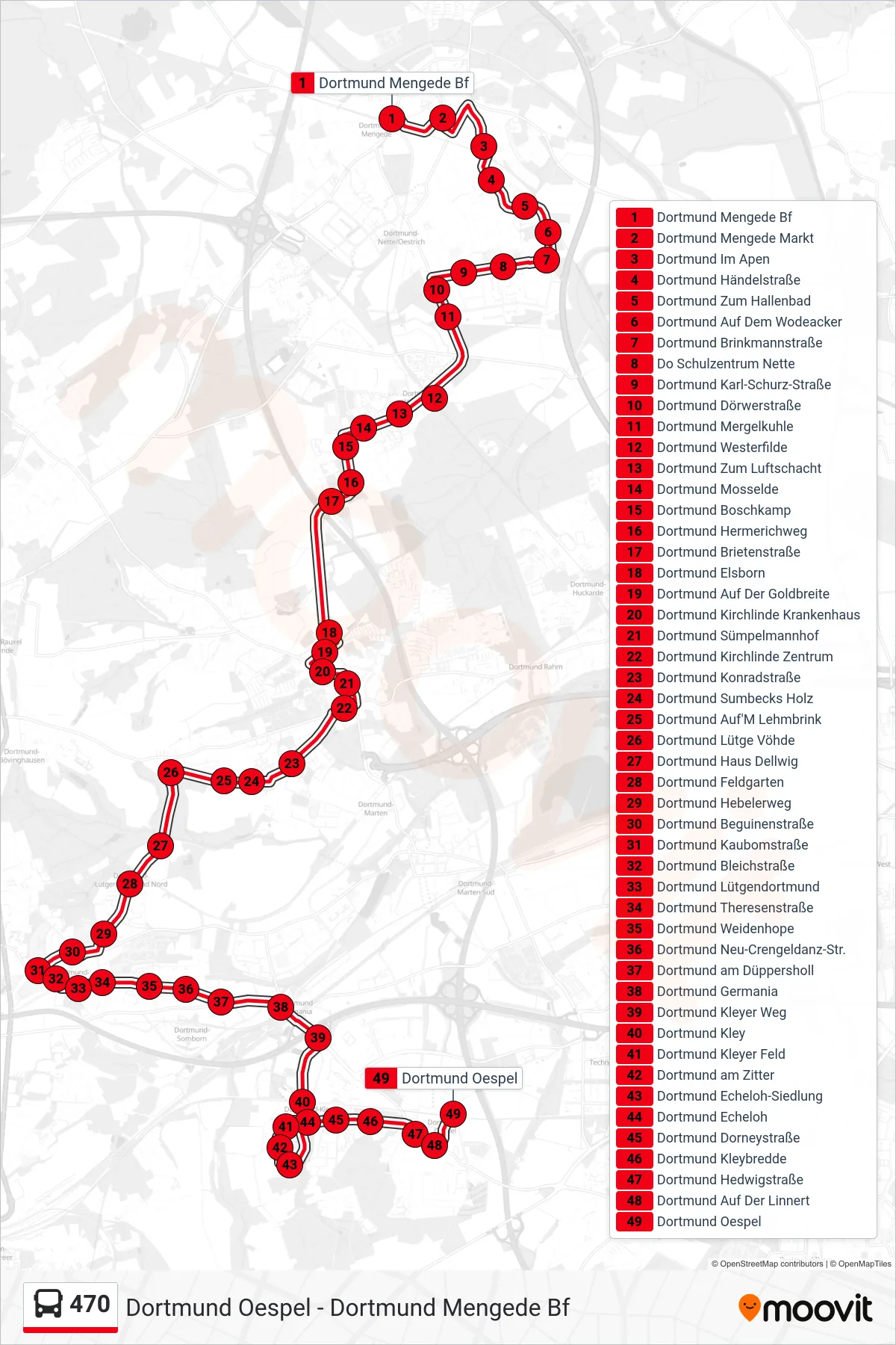 470 bus Line (Dortmund Oespel) route and stops on a map