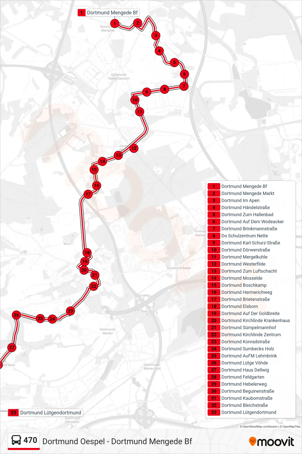 470 bus Line (Dortmund Lütgendortmund) route and stops on a map