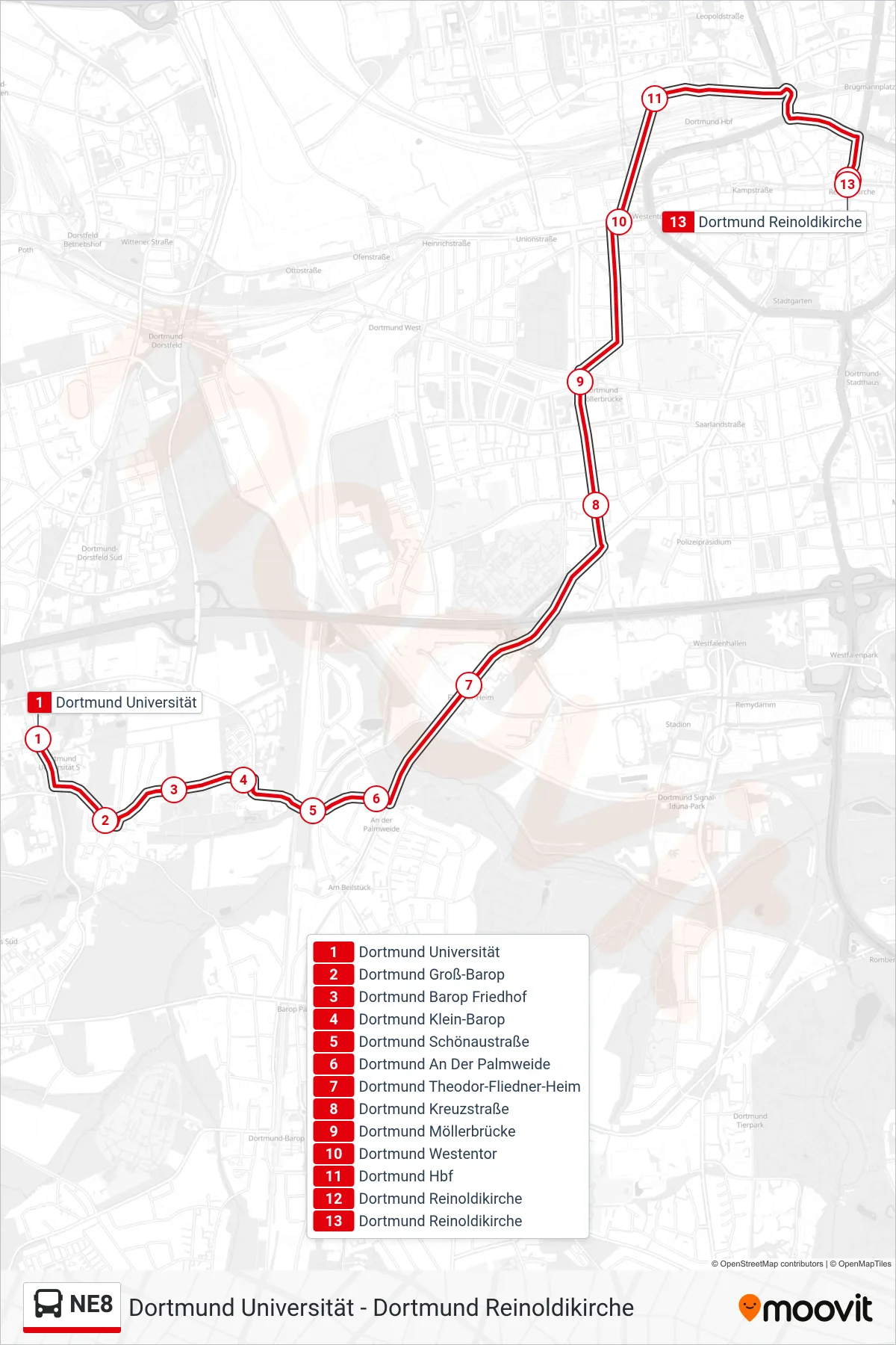 NE8 bus Line (Dortmund Reinoldikirche) route and stops on a map