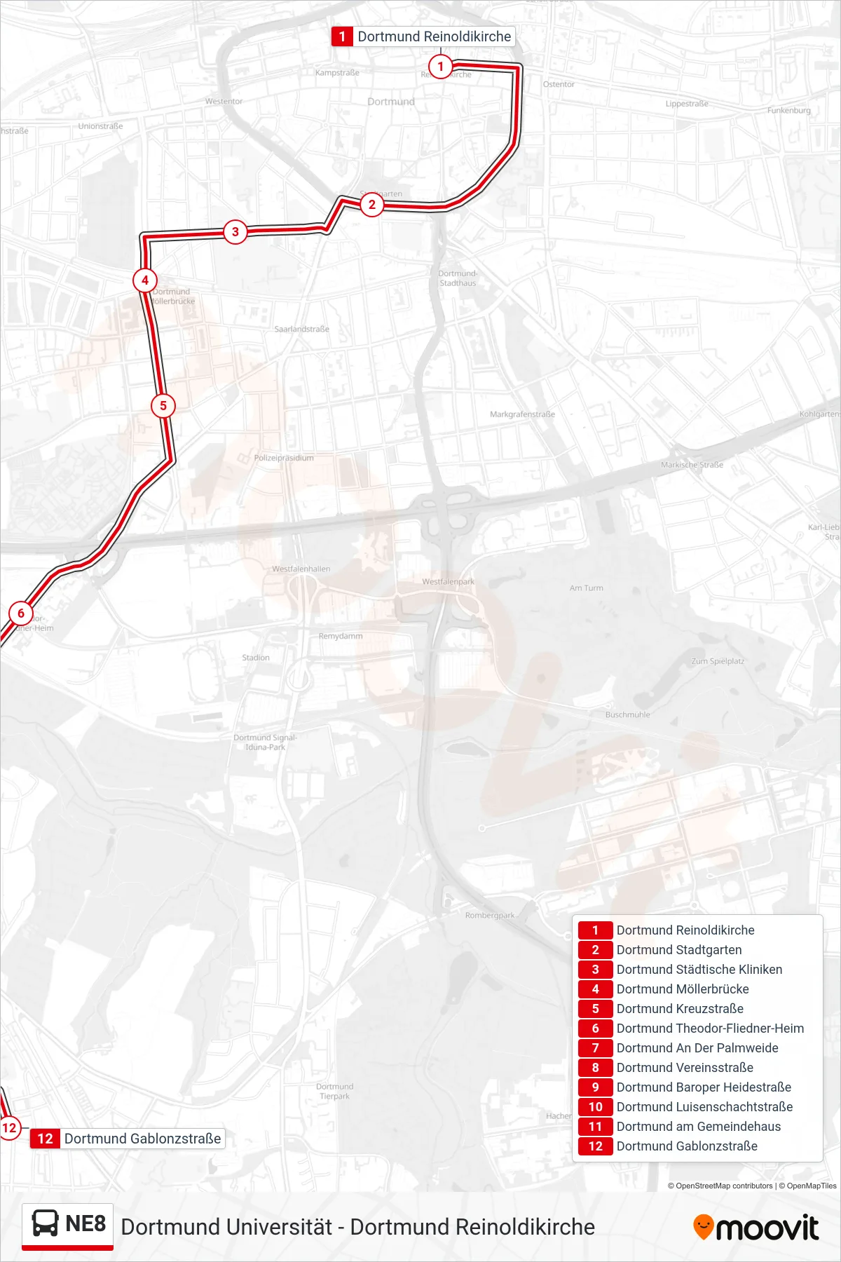 Linie NE8 (Bus) Richtung Dortmund Gablonzstraße: Route und Haltestellen auf der Karte