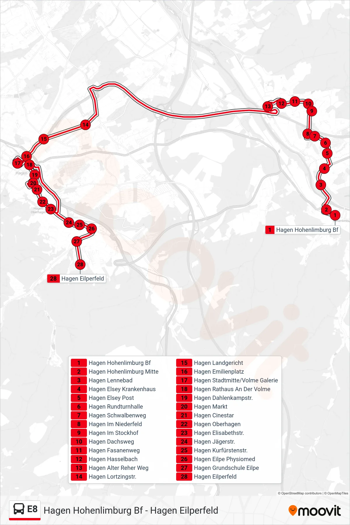 Linie E8 (Bus) Richtung Hagen Eilperfeld: Route und Haltestellen auf der Karte