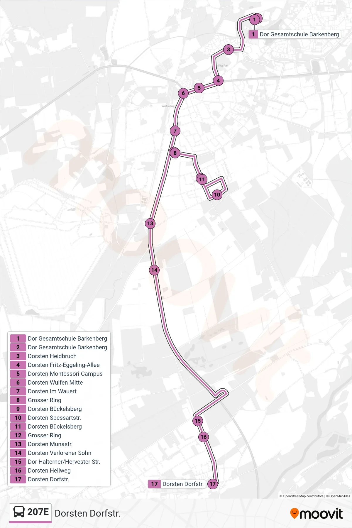 Linie 207E (Bus) Richtung Dorsten Dorfstr.: Route und Haltestellen auf der Karte