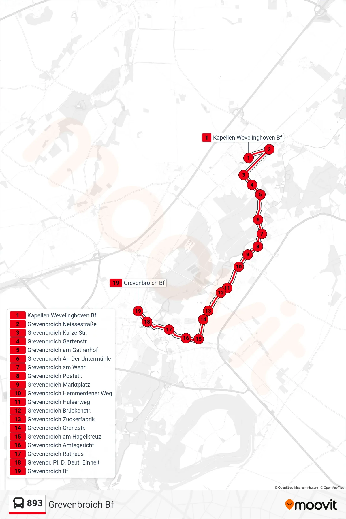 Linie 893 (Bus) Richtung Grevenbroich Bf: Route und Haltestellen auf der Karte