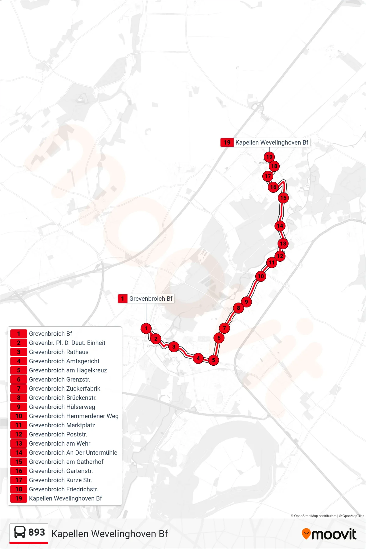 Linie 893 (Bus) Richtung Kapellen Wevelinghoven Bf: Route und Haltestellen auf der Karte