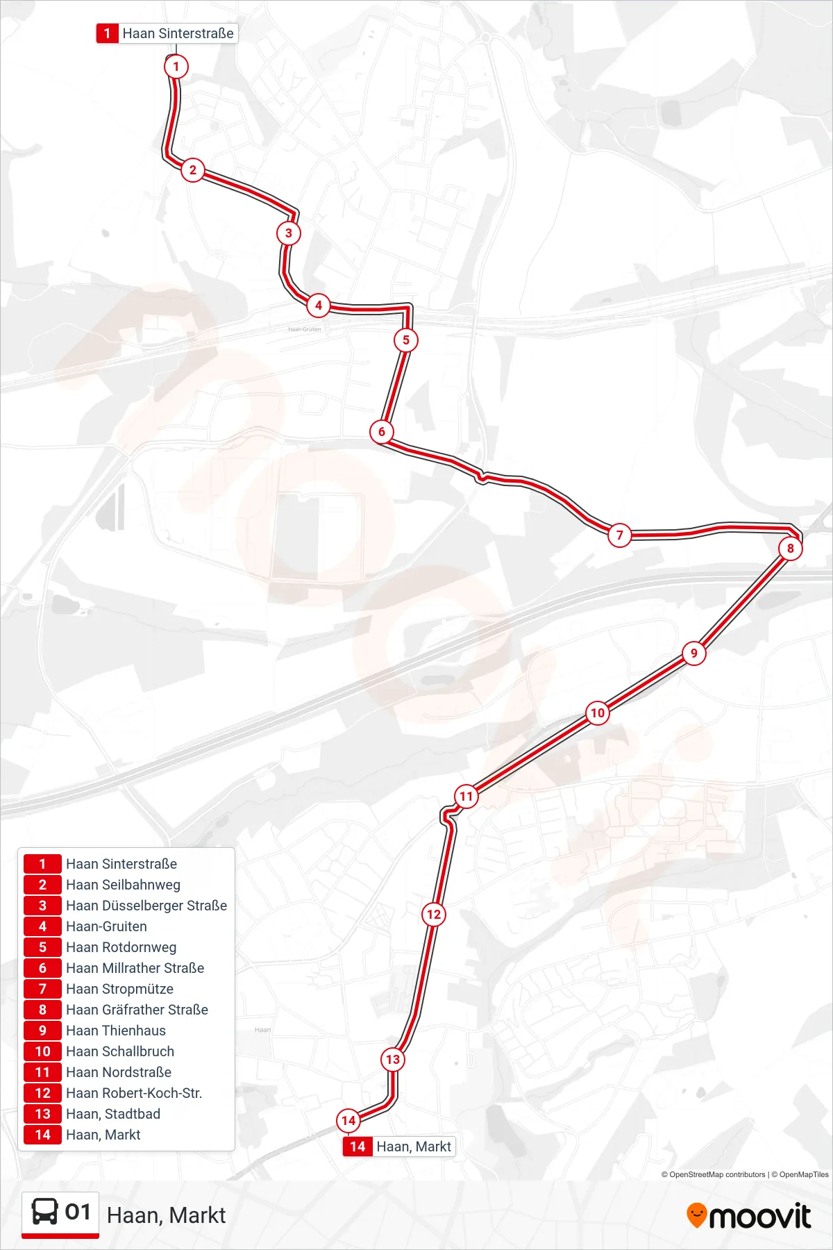 O1 bus Line (Haan, Markt) route and stops on a map