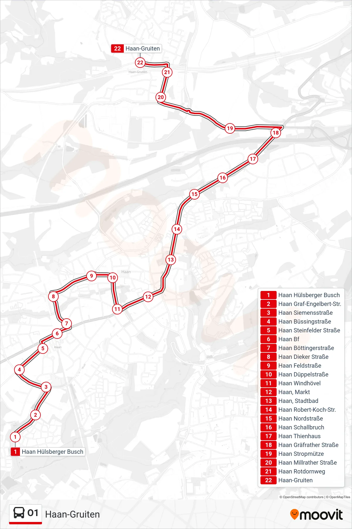 O1 bus Line (Haan-Gruiten) route and stops on a map