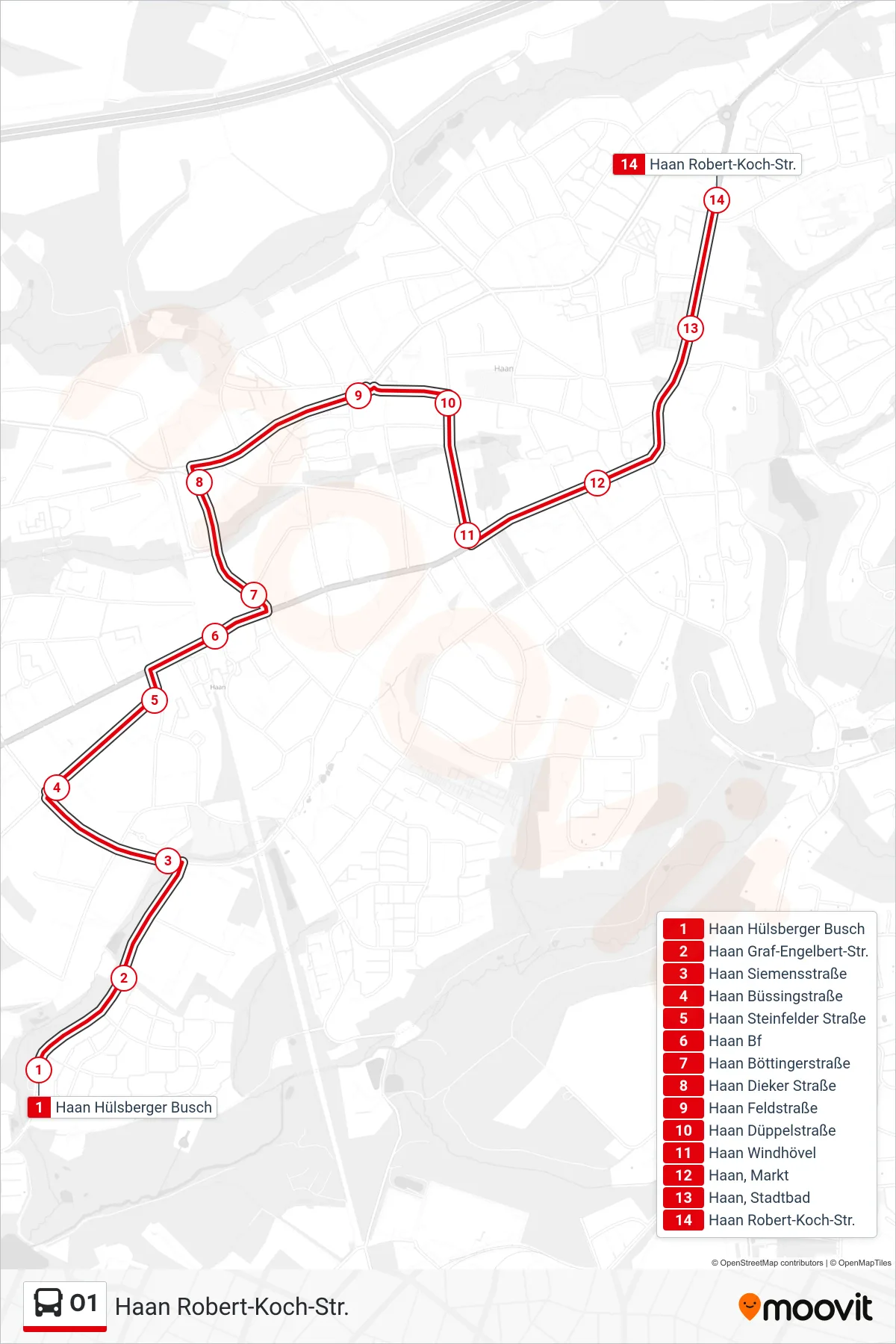 O1 bus Line (Haan Robert-Koch-Str.) route and stops on a map