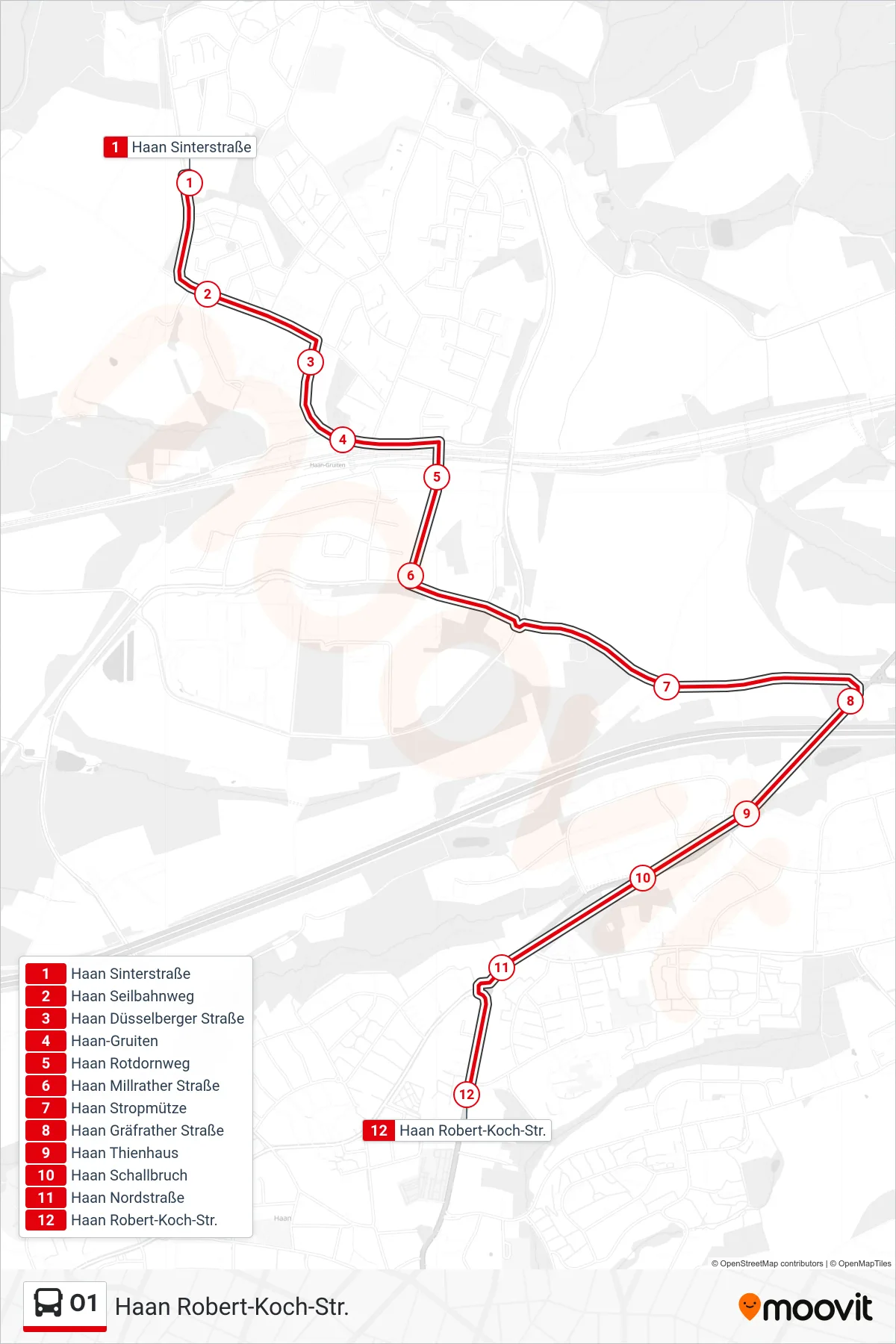 Linie O1 (Bus) Richtung Haan Robert-Koch-Str.: Route und Haltestellen auf der Karte