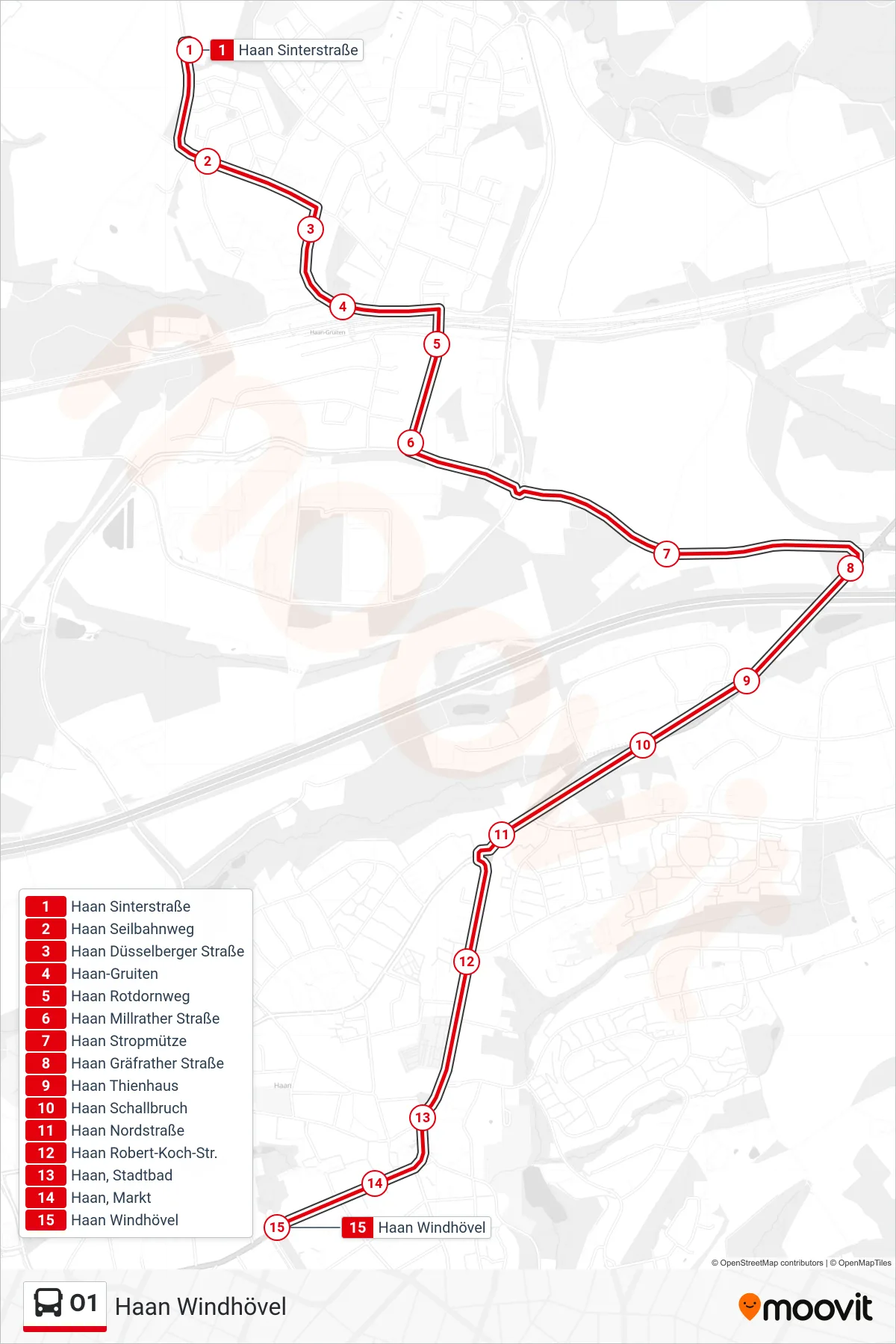 Linie O1 (Bus) Richtung Haan Windhövel: Route und Haltestellen auf der Karte