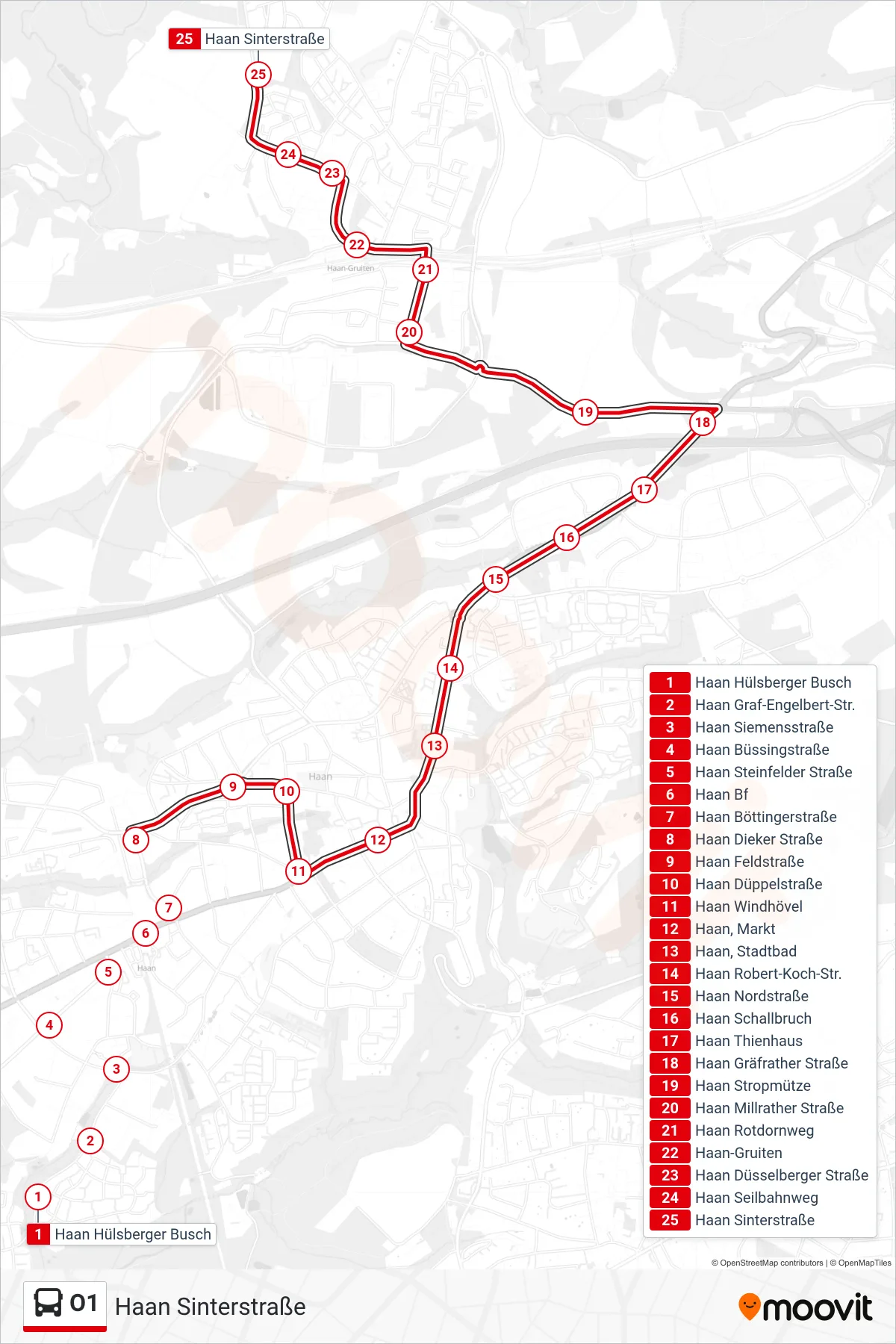 Linie O1 (Bus) Richtung Haan Sinterstraße: Route und Haltestellen auf der Karte
