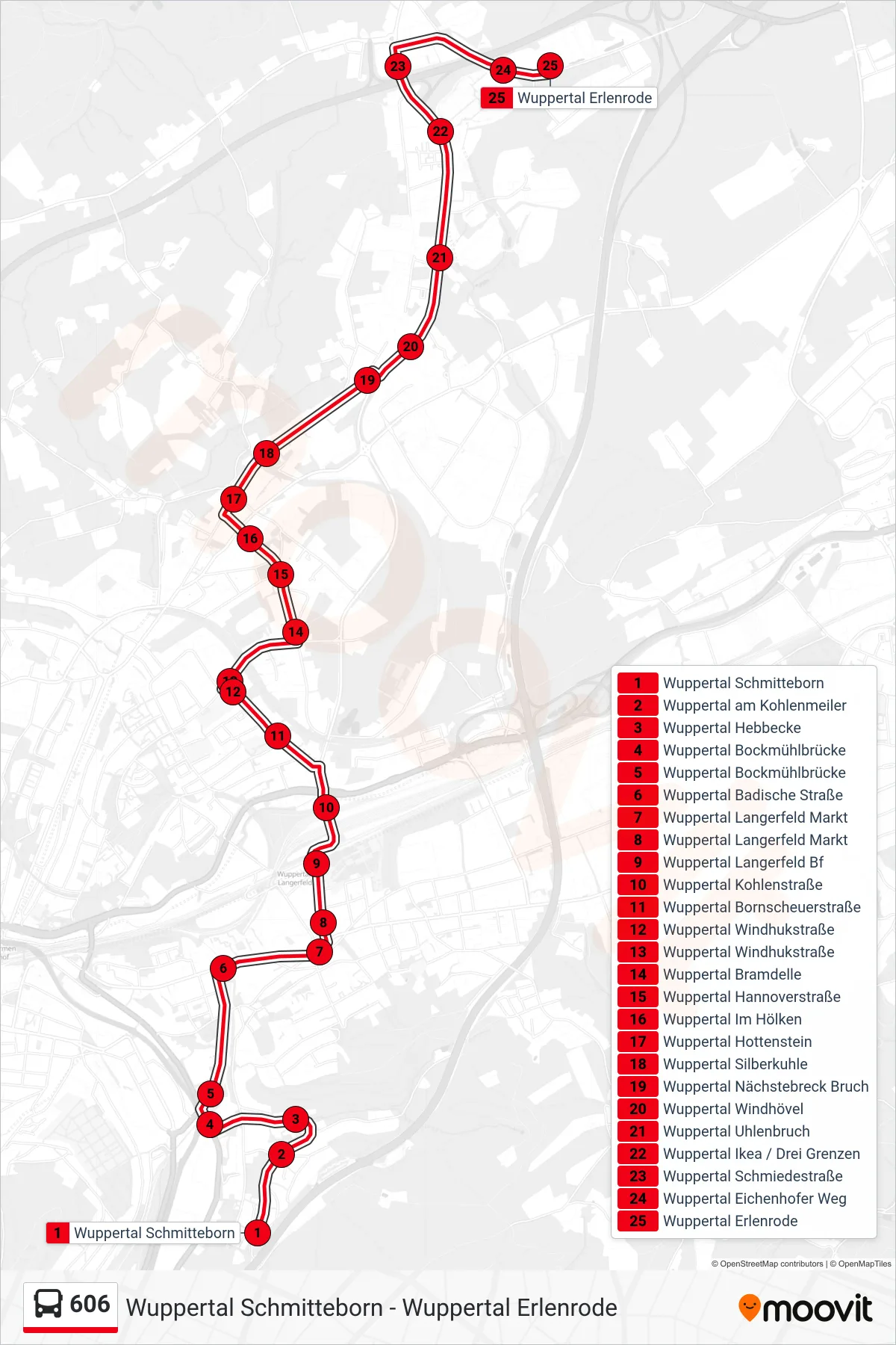 Linie 606 (Bus) Richtung Wuppertal Erlenrode: Route und Haltestellen auf der Karte