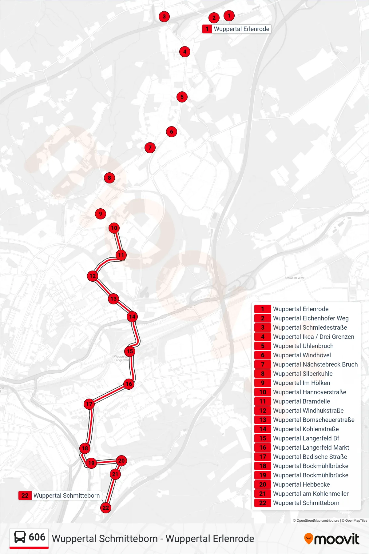 Linie 606 (Bus) Richtung Wuppertal Schmitteborn: Route und Haltestellen auf der Karte