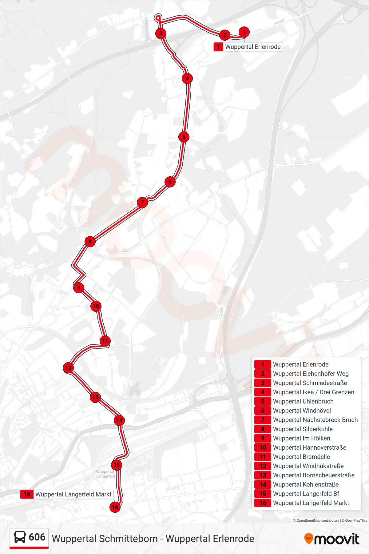 Linie 606 (Bus) Richtung Wuppertal Langerfeld Markt: Route und Haltestellen auf der Karte