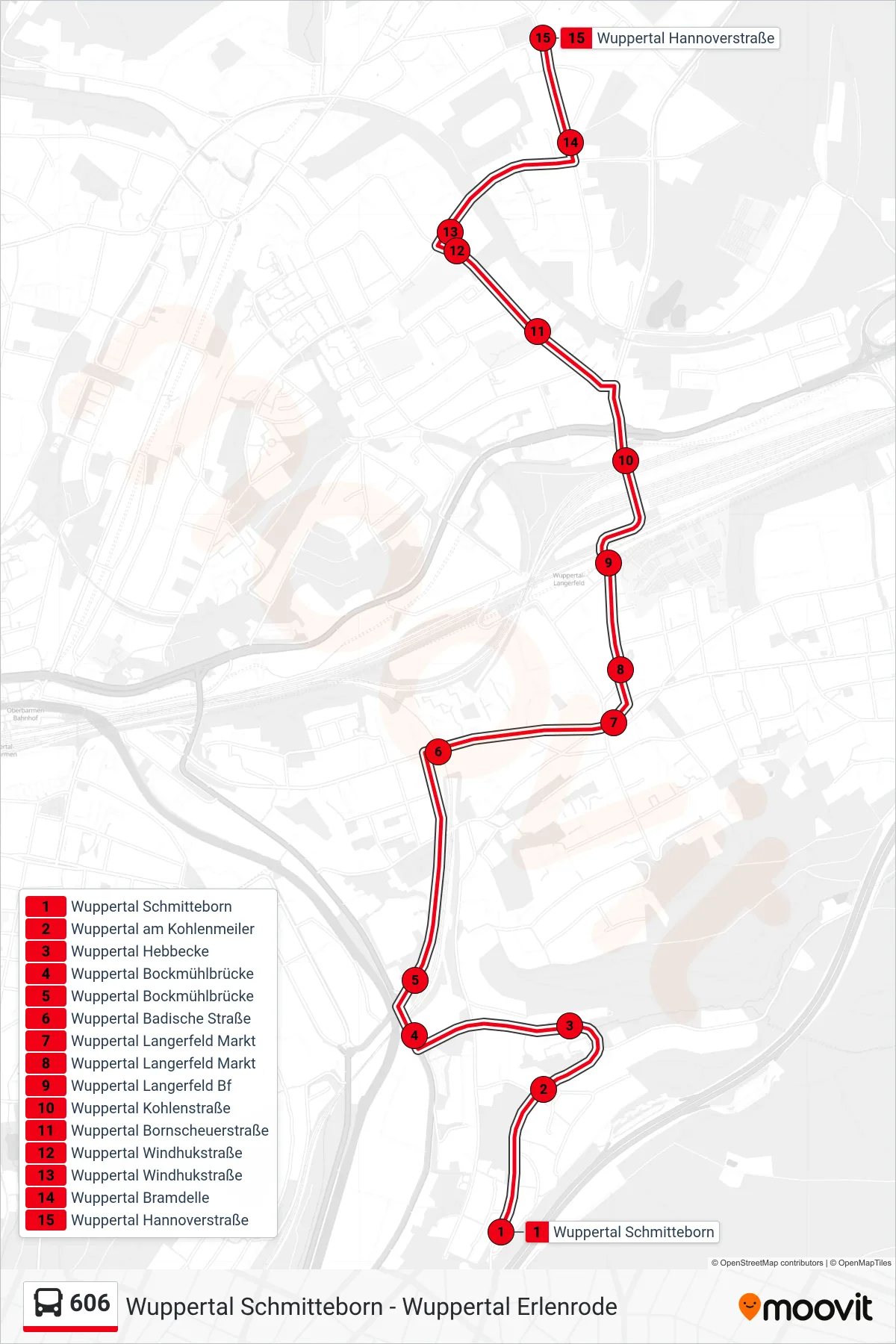 Linie 606 (Bus) Richtung Wuppertal Hannoverstraße: Route und Haltestellen auf der Karte