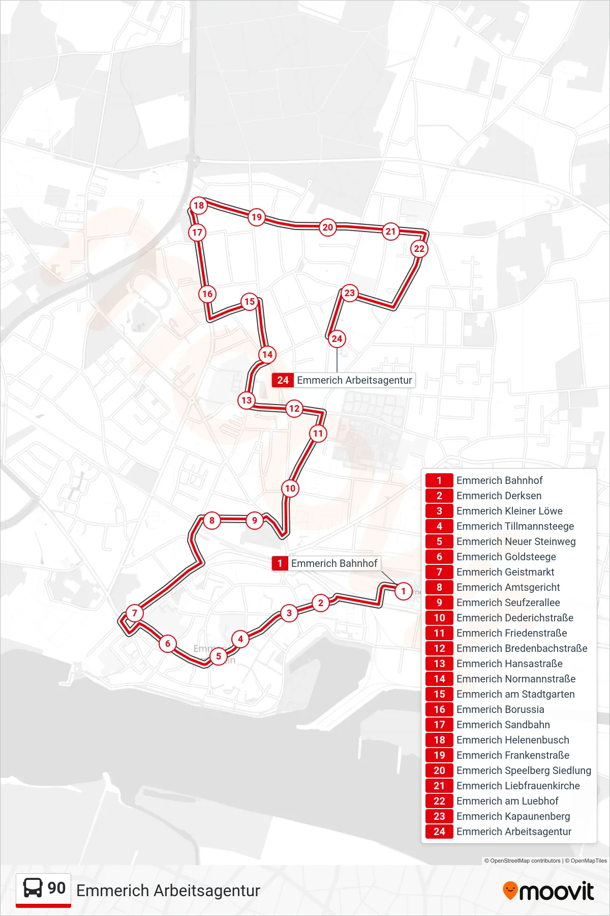 Linie 90 (Bus) Richtung Emmerich Arbeitsagentur: Route und Haltestellen auf der Karte