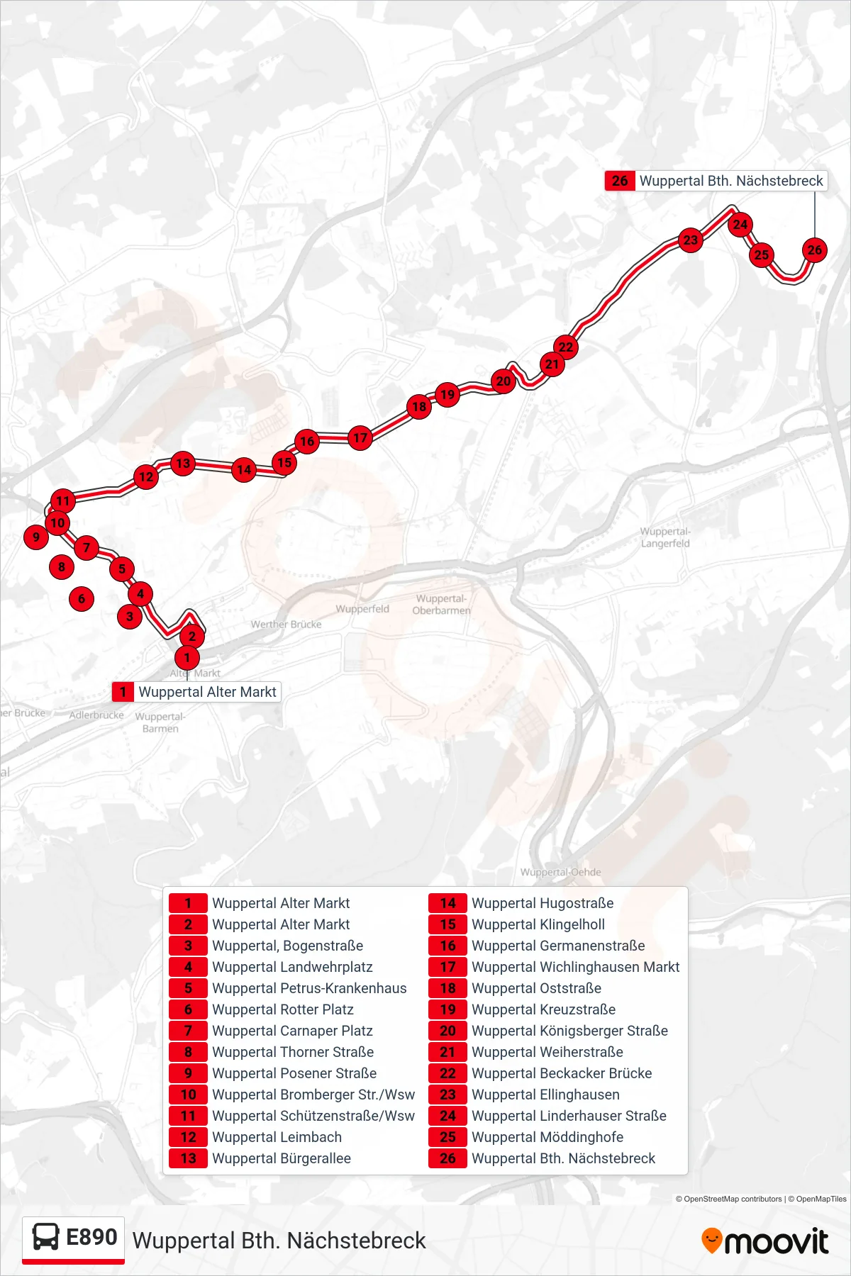 Linie E890 (Bus) Richtung Wuppertal Bth. Nächstebreck: Route und Haltestellen auf der Karte