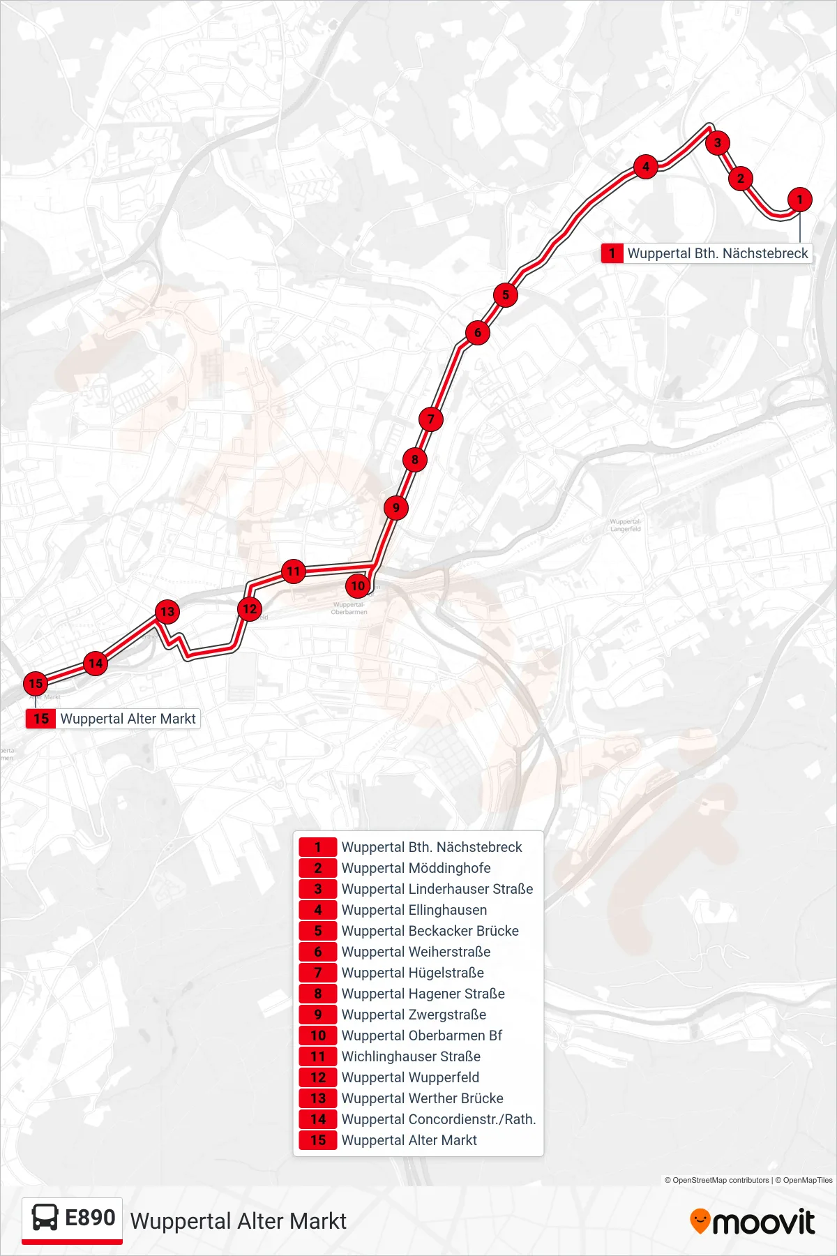 Linie E890 (Bus) Richtung Wuppertal Alter Markt: Route und Haltestellen auf der Karte