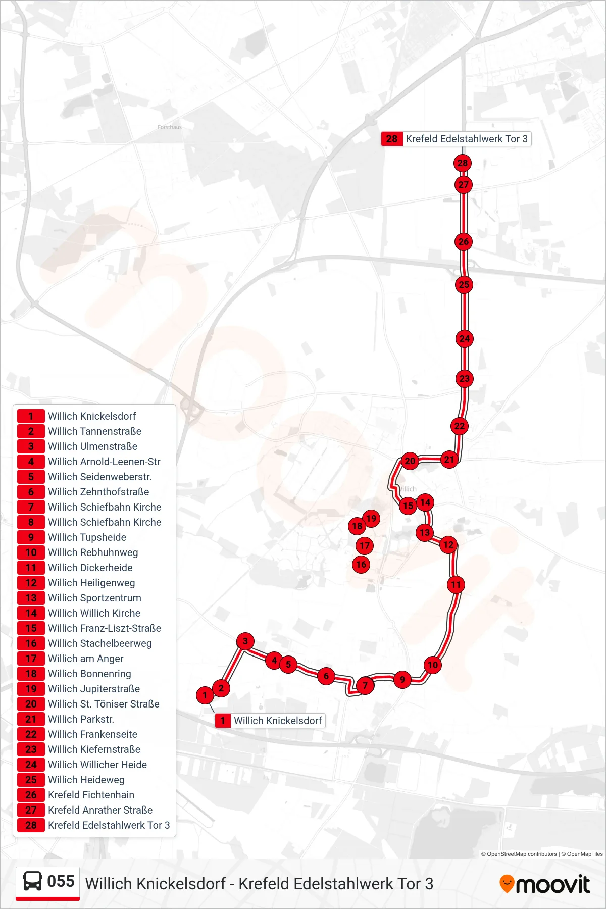 Linie 055 (Bus) Richtung Krefeld Edelstahlwerk Tor 3: Route und Haltestellen auf der Karte