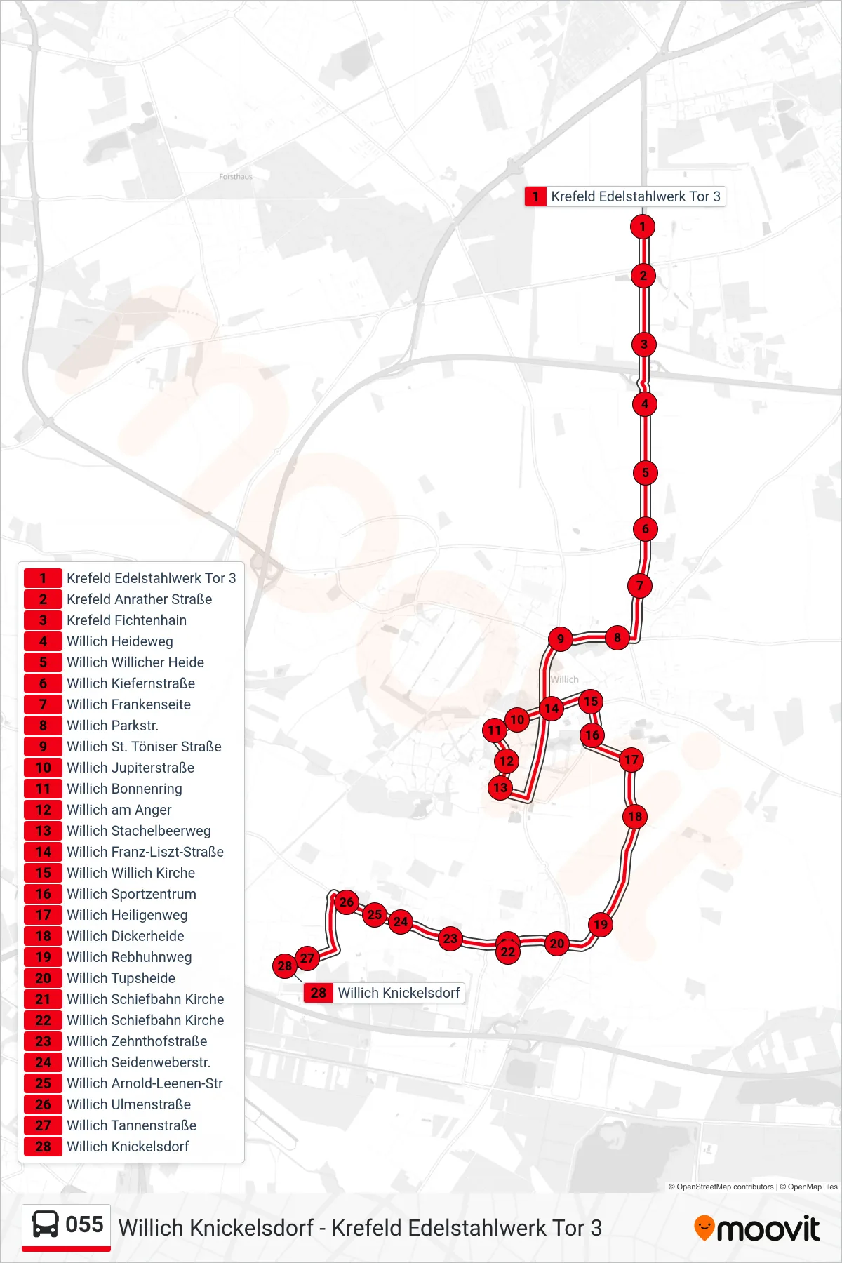 055 bus Line (Willich Knickelsdorf) route and stops on a map