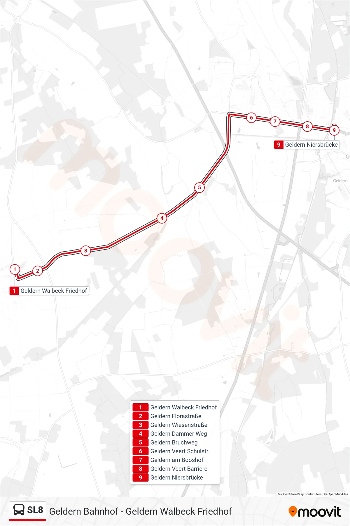 Linie SL8 (Bus) Richtung Geldern Niersbrücke: Route und Haltestellen auf der Karte