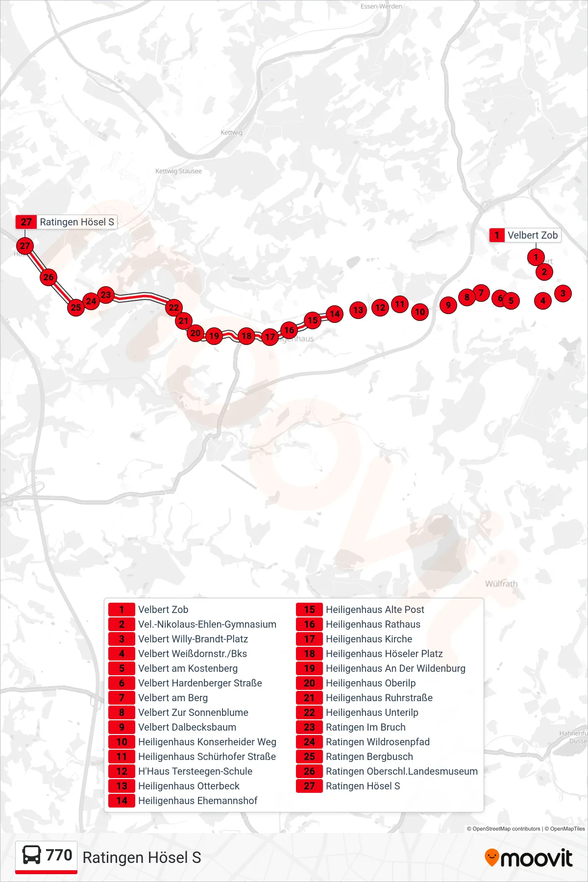 Linie 770 (Bus) Richtung Ratingen Hösel S: Route und Haltestellen auf der Karte