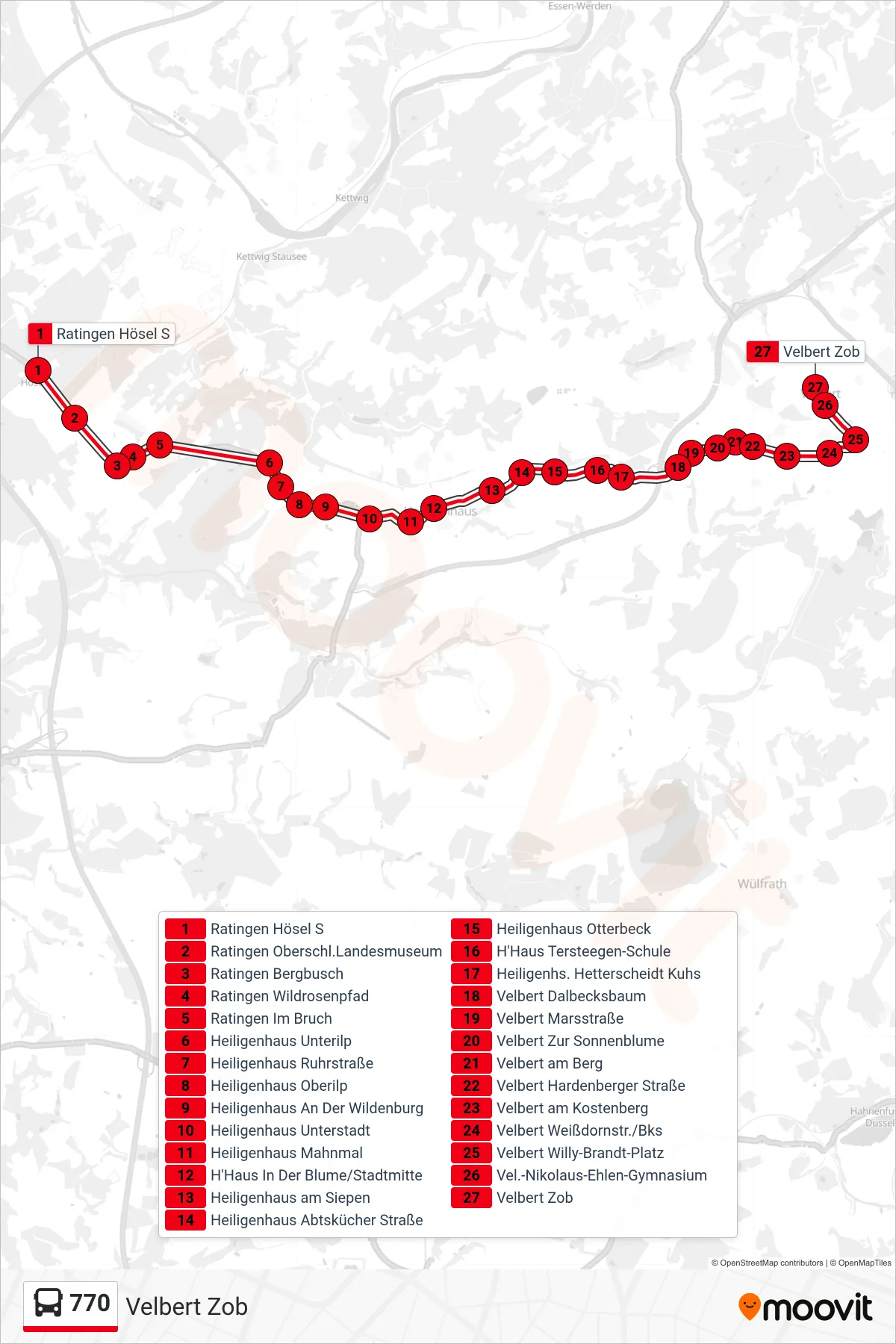 Linie 770 (Bus) Richtung Velbert Zob: Route und Haltestellen auf der Karte