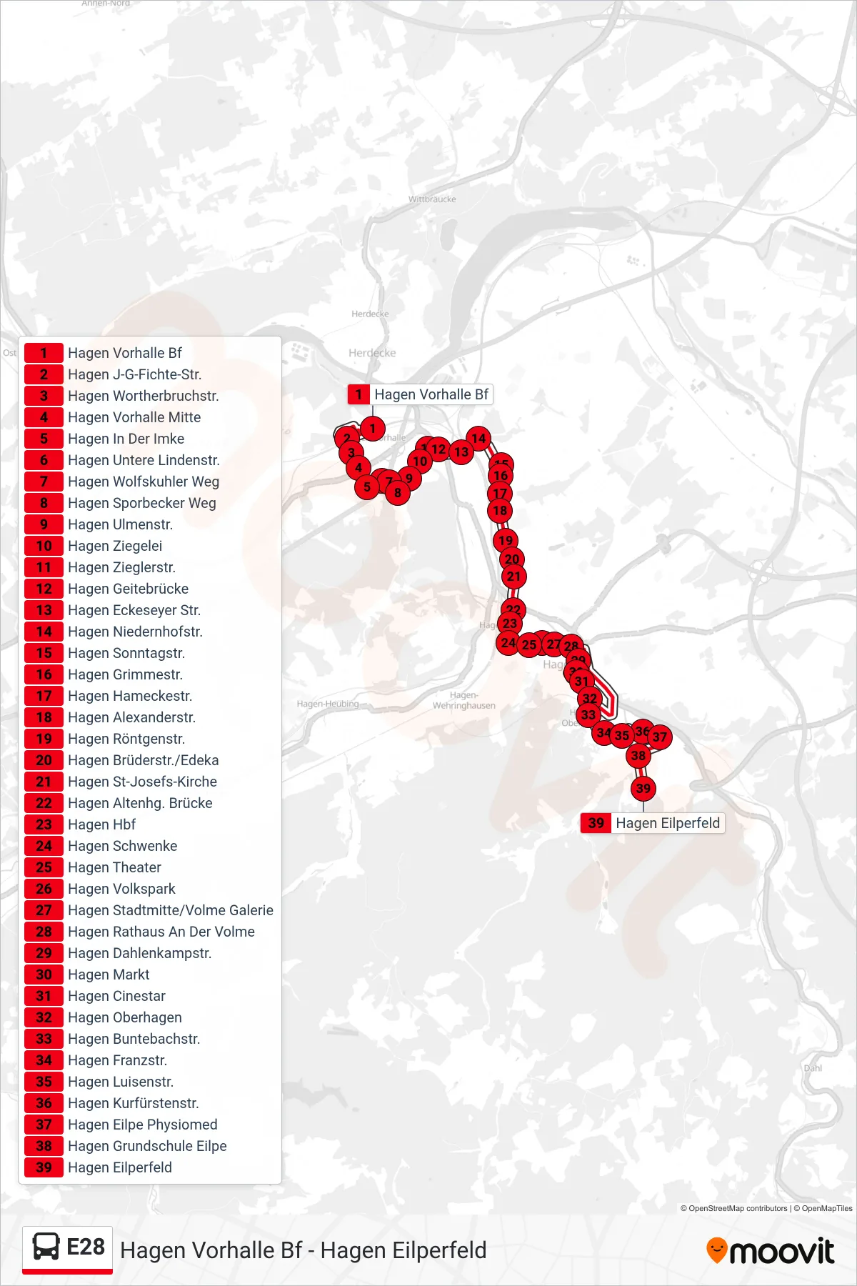 Linie E28 (Bus) Richtung Hagen Eilperfeld: Route und Haltestellen auf der Karte