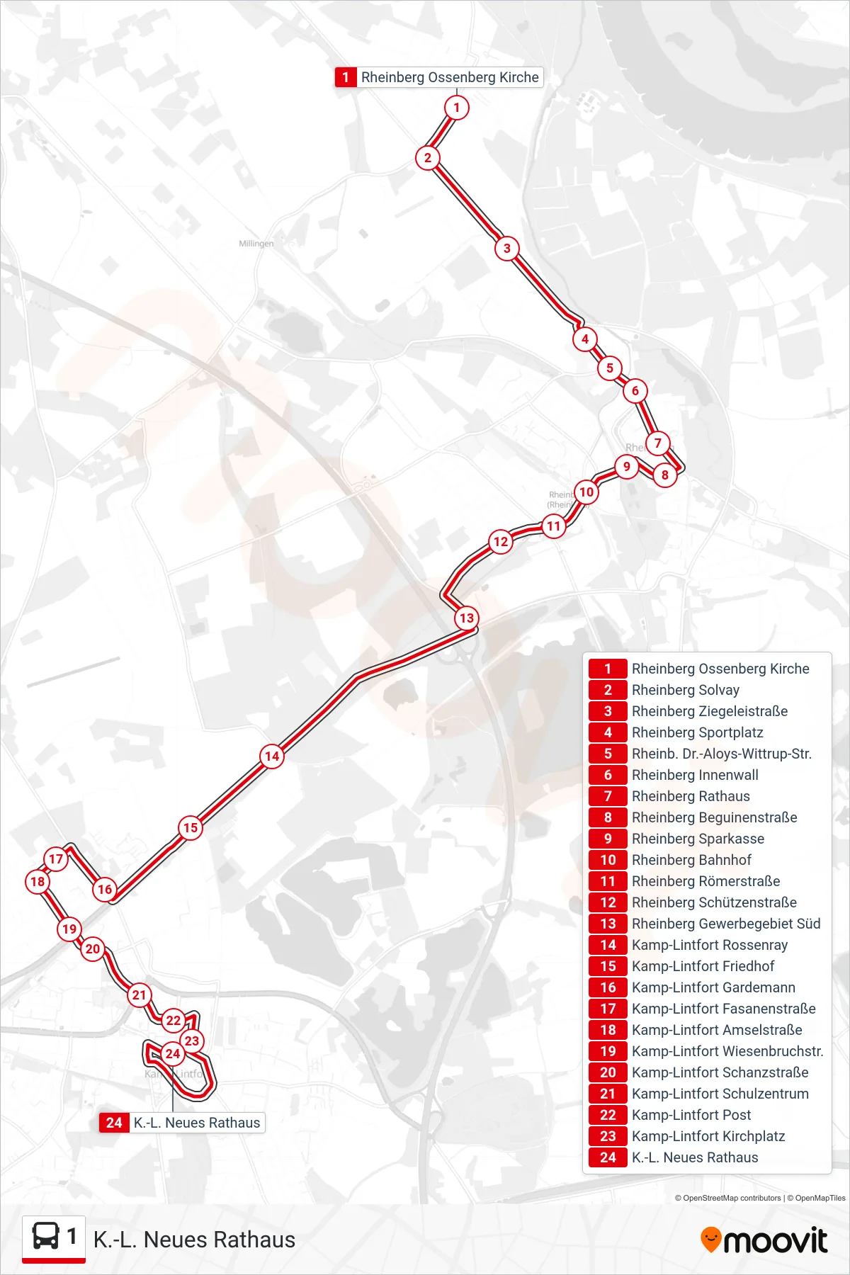 1 bus Line (K.-L. Neues Rathaus) route and stops on a map