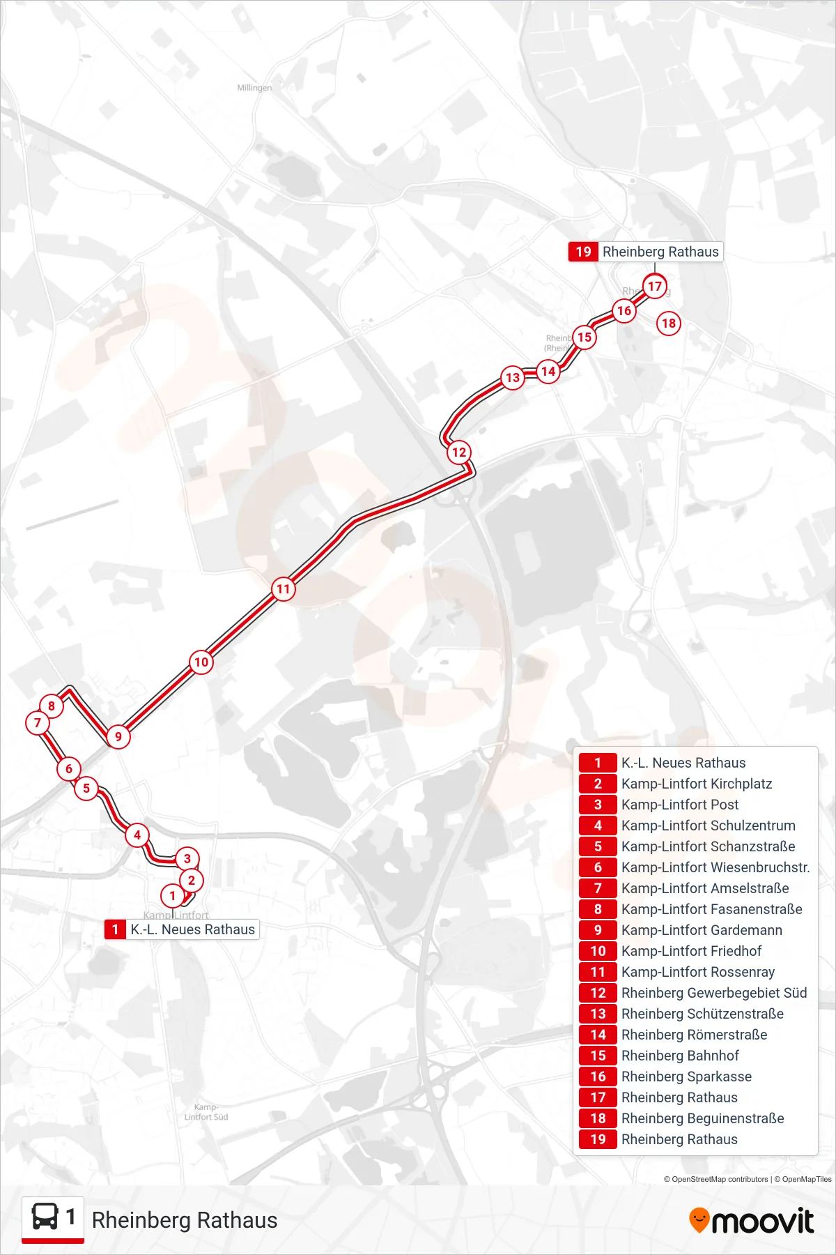Linie 1 (Bus) Richtung Rheinberg Rathaus: Route und Haltestellen auf der Karte