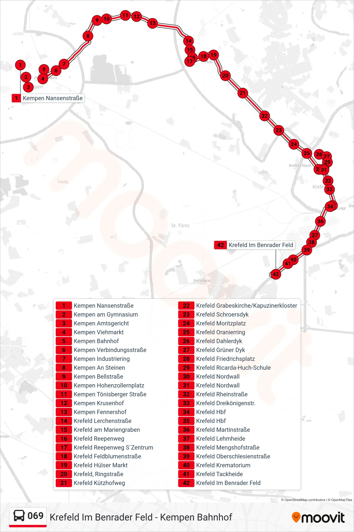 Linie 069 (Bus) Richtung Krefeld Im Benrader Feld: Route und Haltestellen auf der Karte