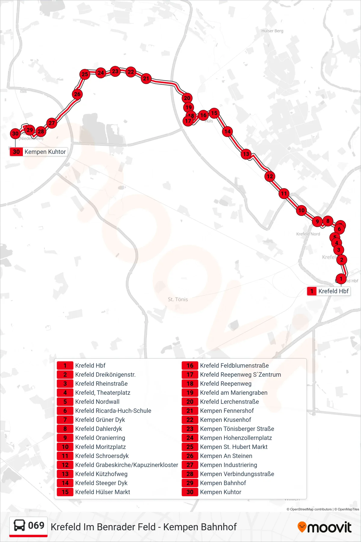 069 bus Line (Kempen Kuhtor) route and stops on a map