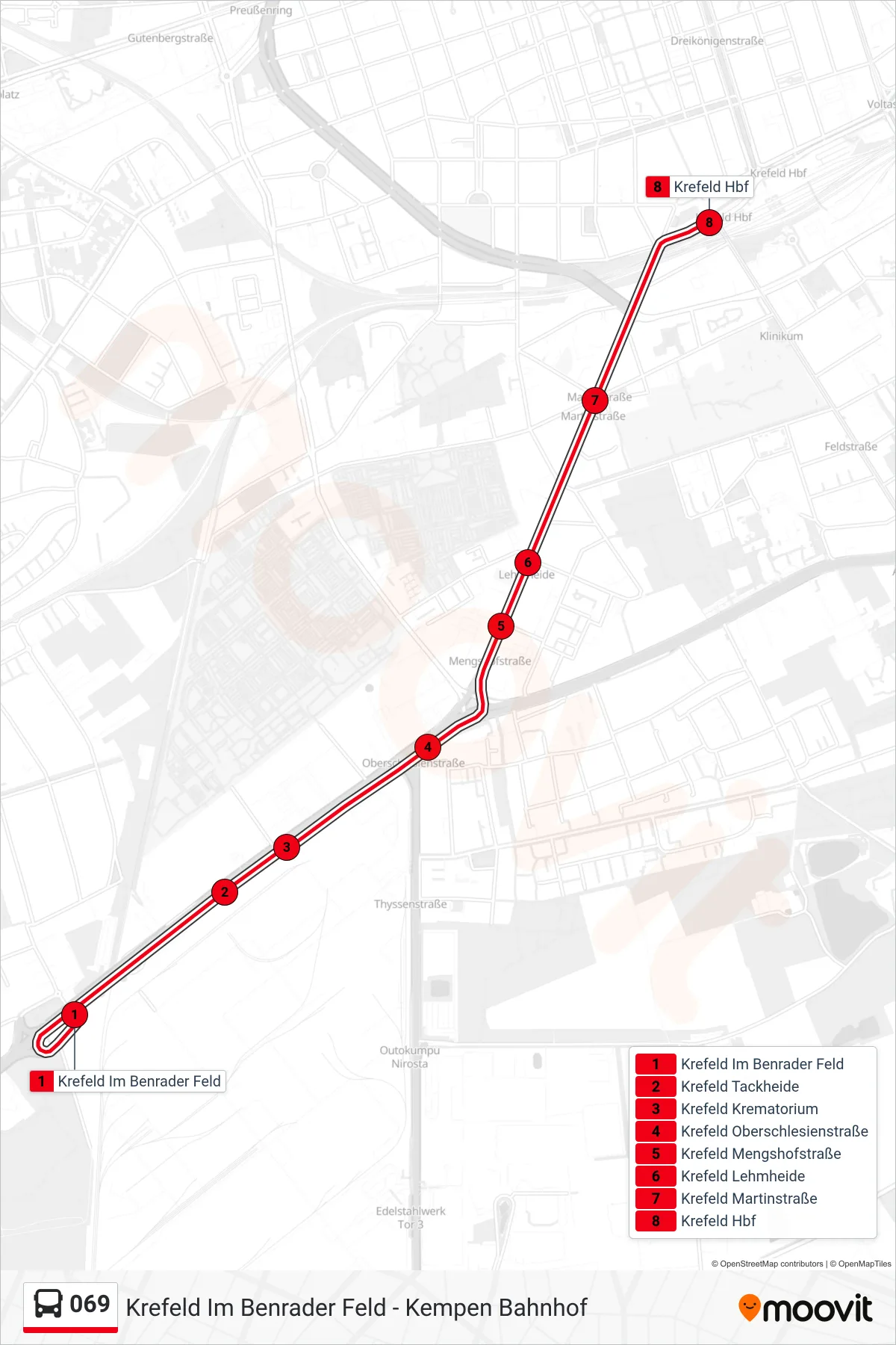 Linie 069 (Bus) Richtung Krefeld Hbf: Route und Haltestellen auf der Karte