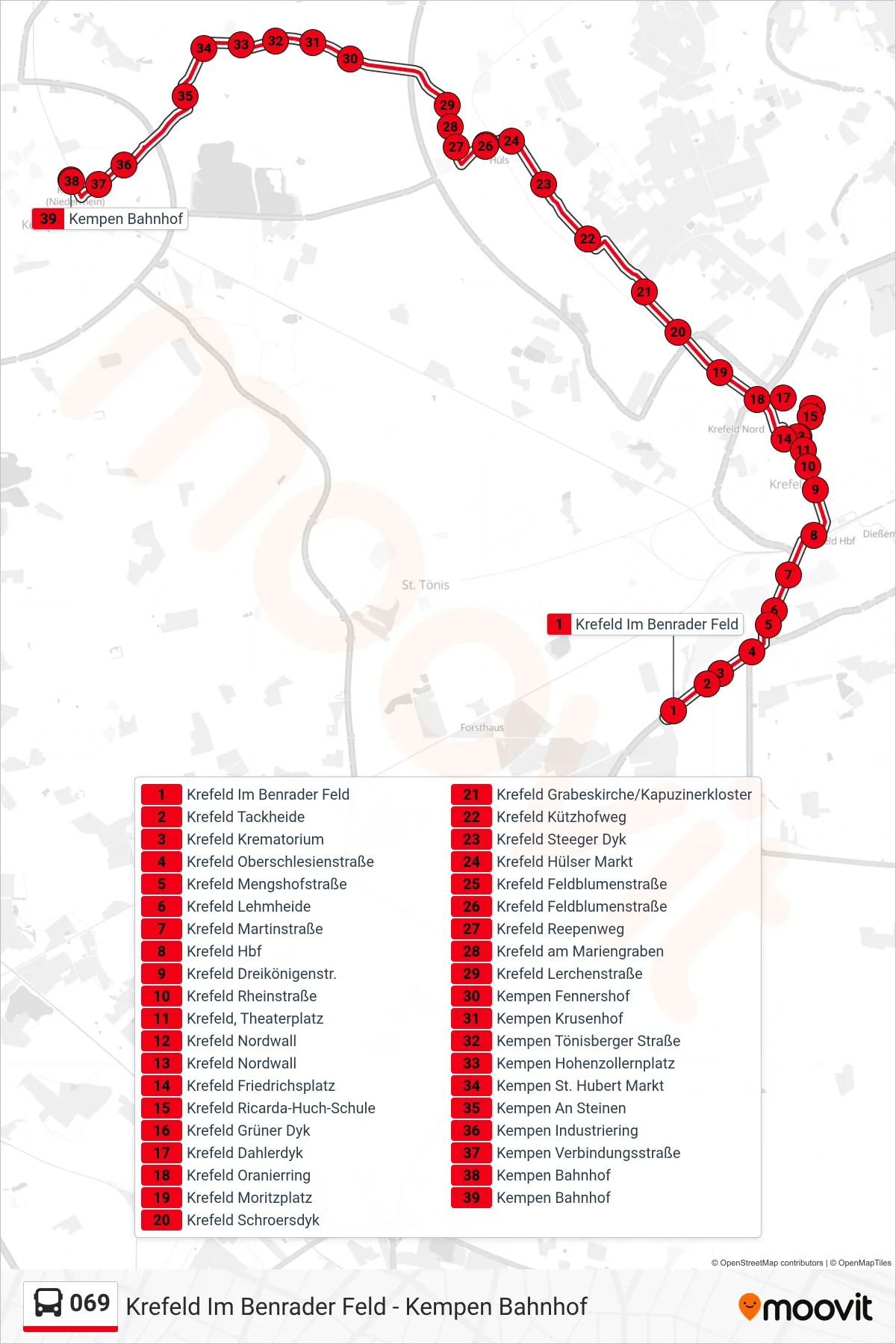 Linie 069 (Bus) Richtung Kempen Bahnhof: Route und Haltestellen auf der Karte