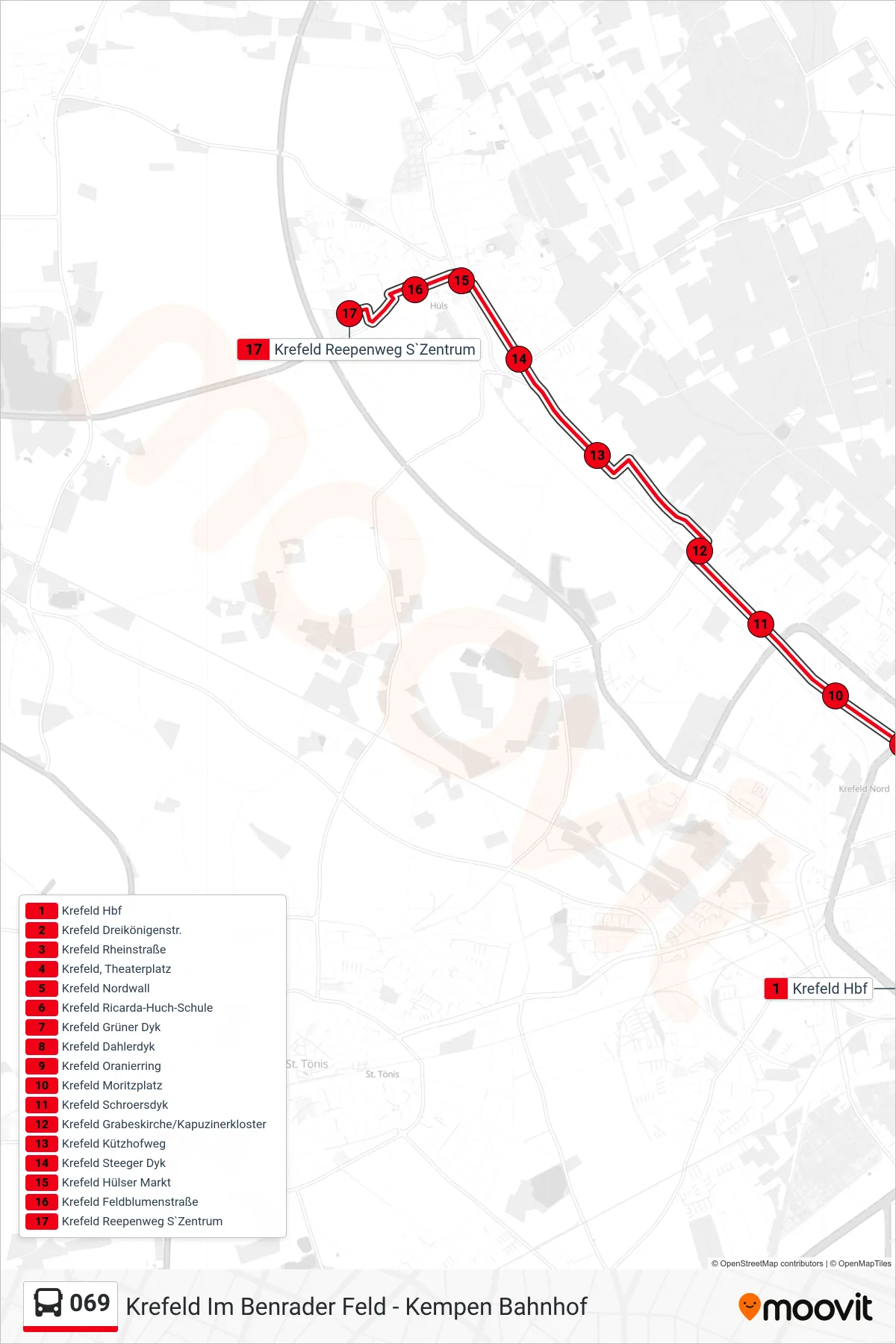 069 bus Line (Krefeld Reepenweg S`Zentrum) route and stops on a map