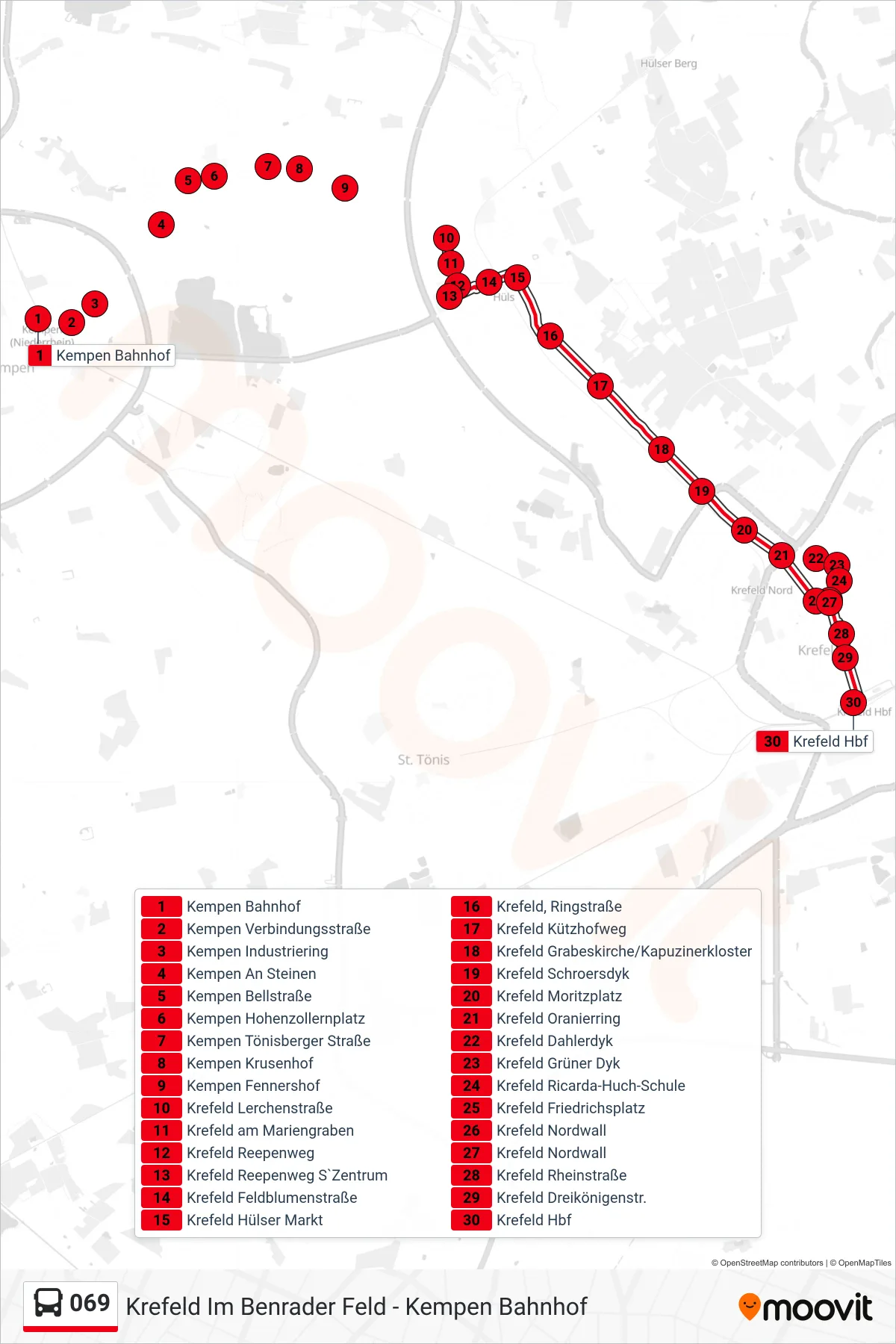 Linie 069 (Bus) Richtung Krefeld Hbf: Route und Haltestellen auf der Karte