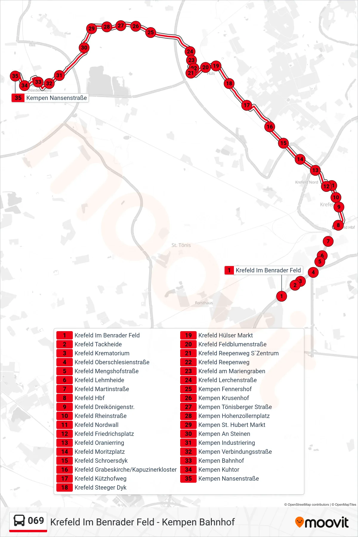 Linie 069 (Bus) Richtung Kempen Nansenstraße: Route und Haltestellen auf der Karte