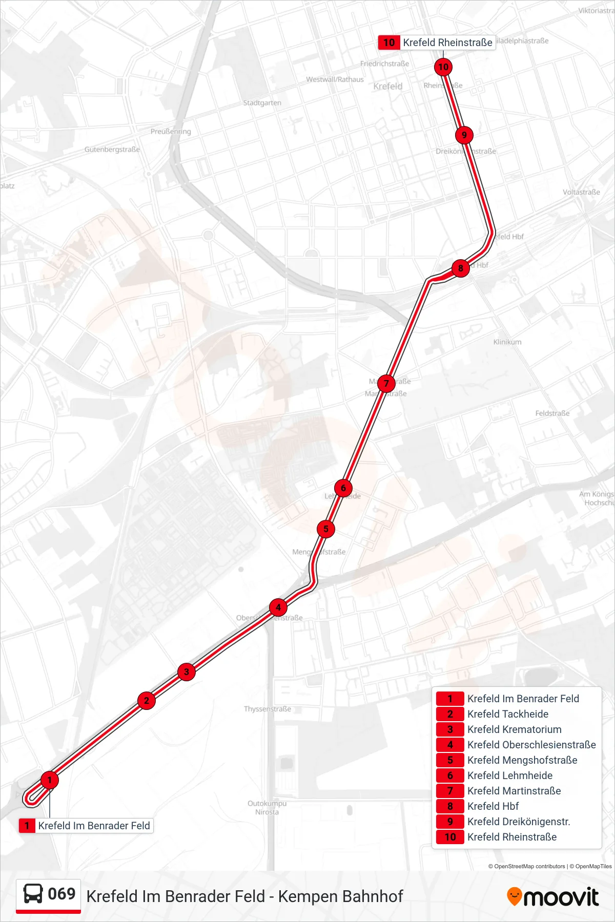 069 bus Line (Krefeld Rheinstraße) route and stops on a map