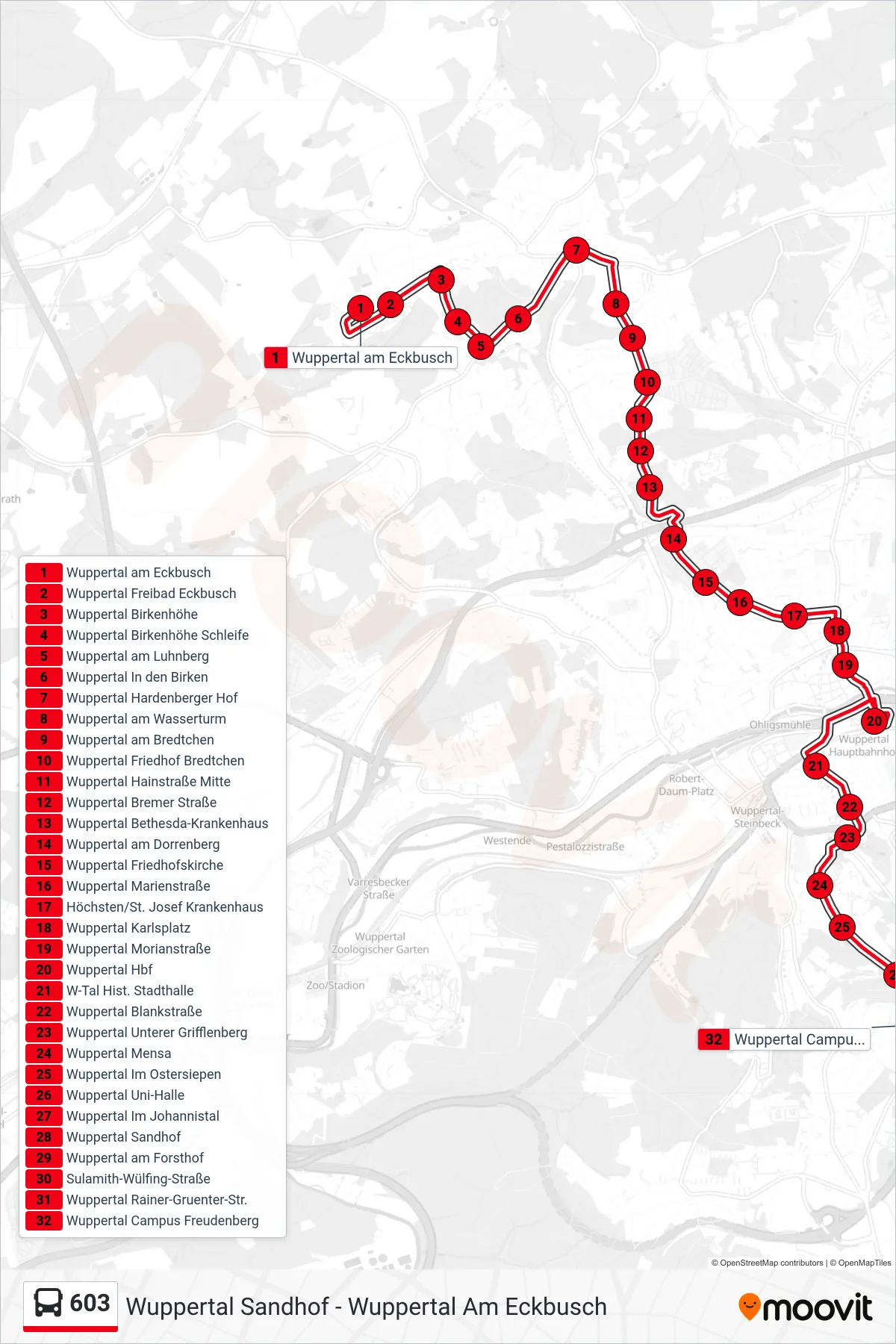 603 bus Line (Wuppertal Campus Freudenberg) route and stops on a map
