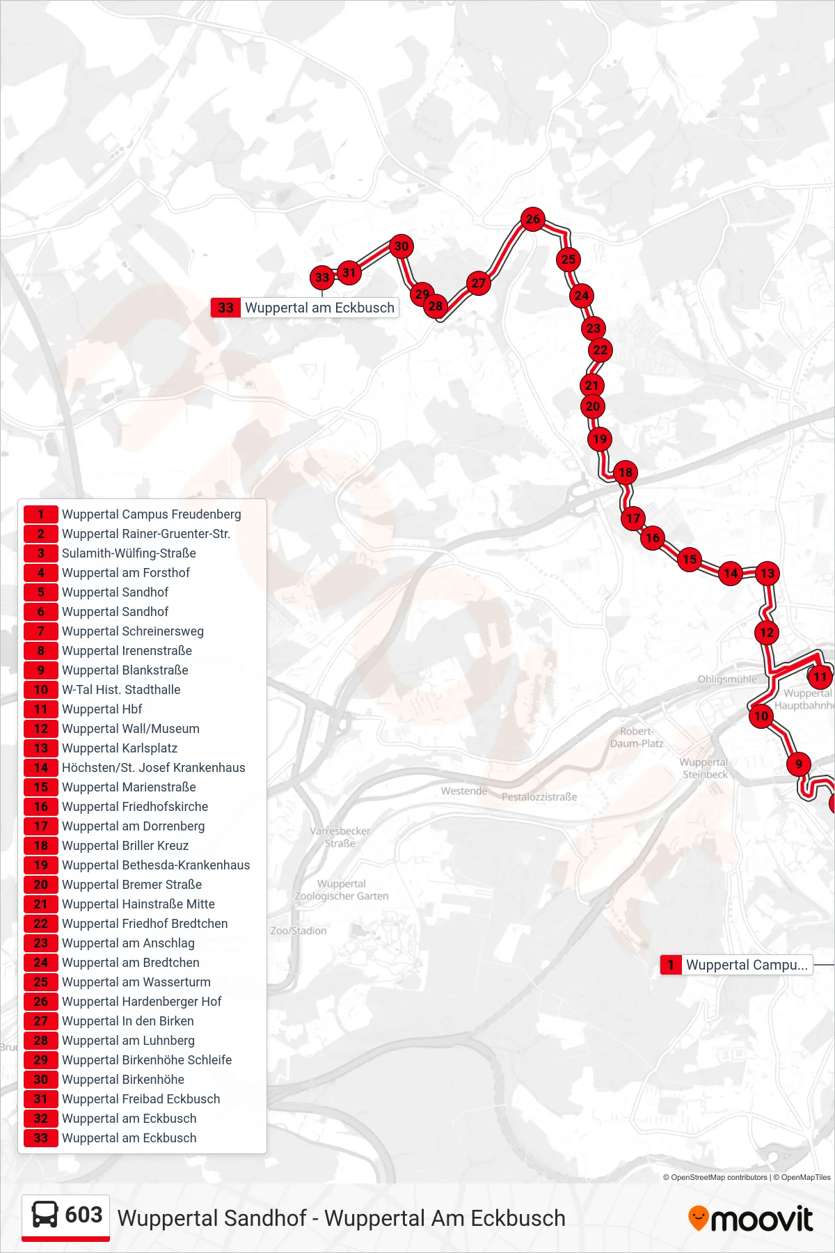 Linie 603 (Bus) Richtung Wuppertal am Eckbusch: Route und Haltestellen auf der Karte