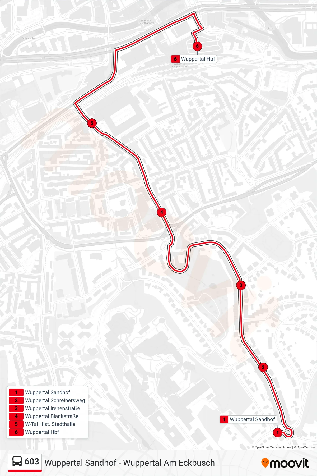 603 bus Line (Wuppertal Hbf) route and stops on a map