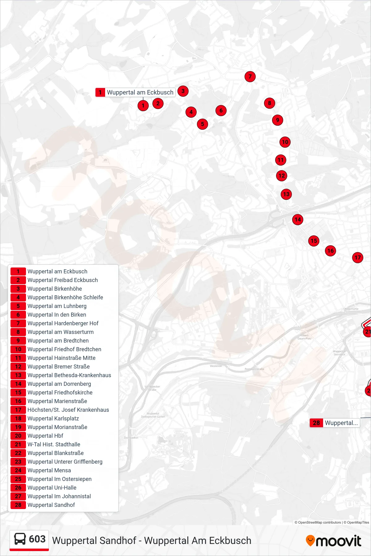 Linie 603 (Bus) Richtung Wuppertal Sandhof: Route und Haltestellen auf der Karte