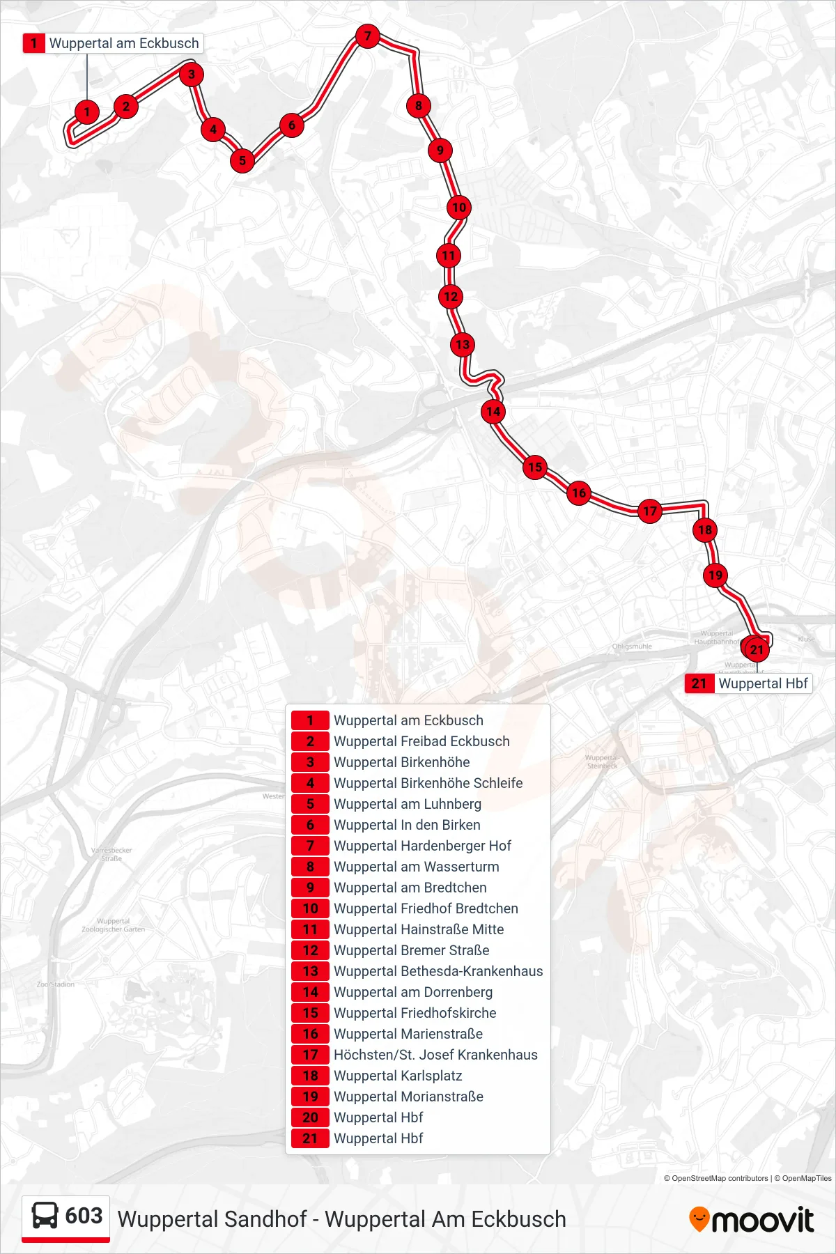 Linie 603 (Bus) Richtung Wuppertal Hbf: Route und Haltestellen auf der Karte