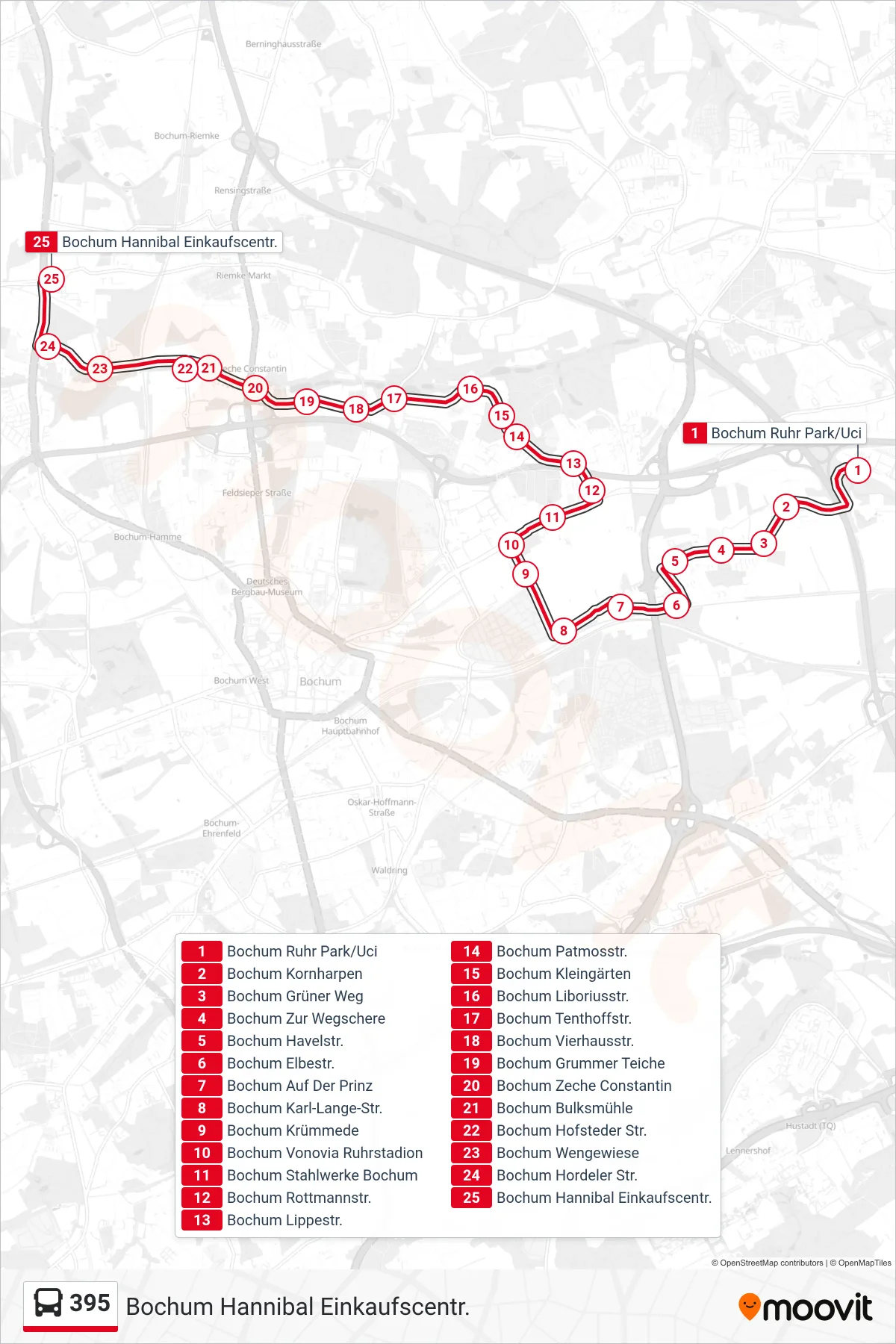 Linie 395 (Bus) Richtung Bochum Hannibal Einkaufscentr.: Route und Haltestellen auf der Karte