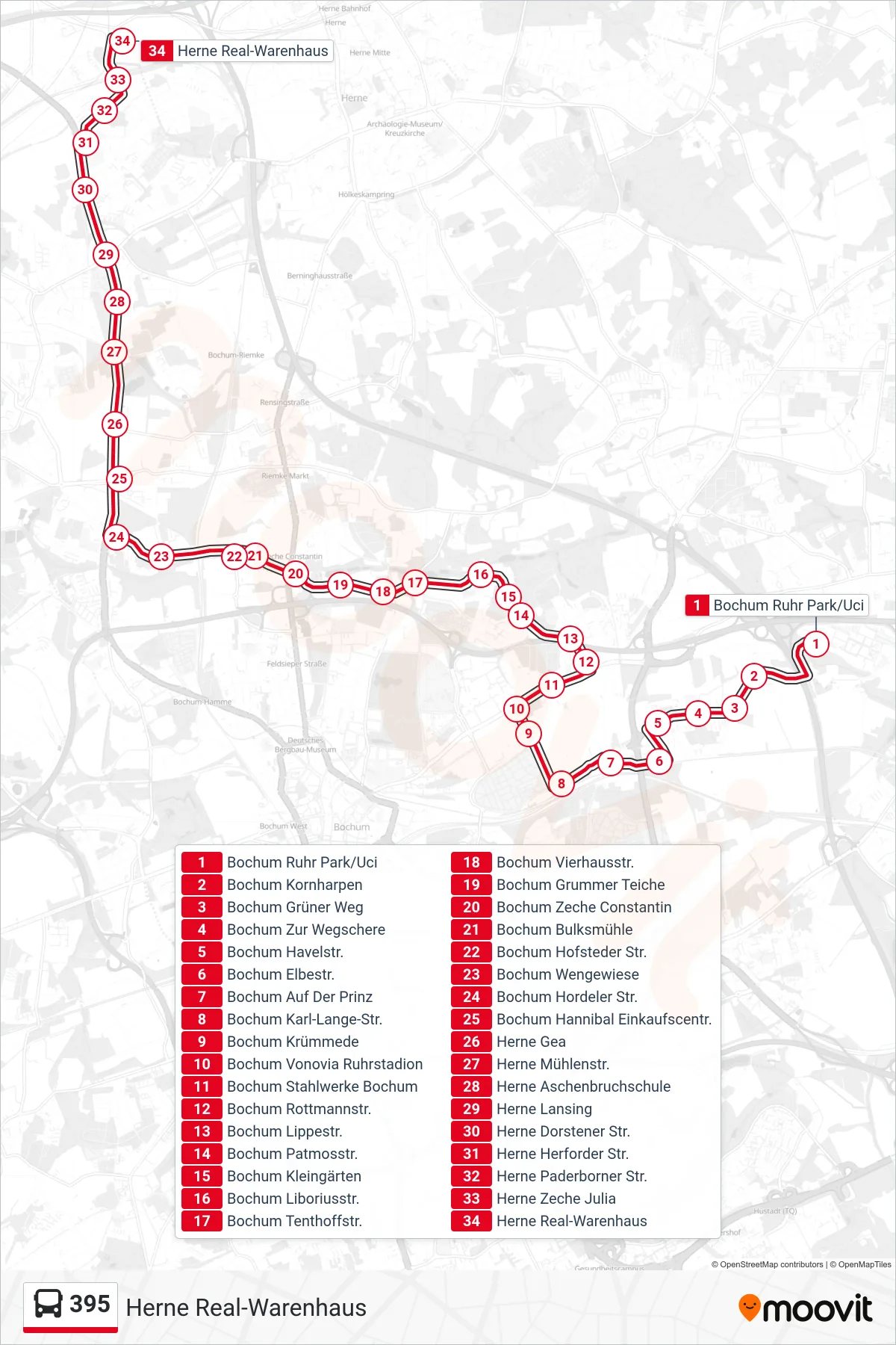 Linie 395 (Bus) Richtung Herne Real-Warenhaus: Route und Haltestellen auf der Karte