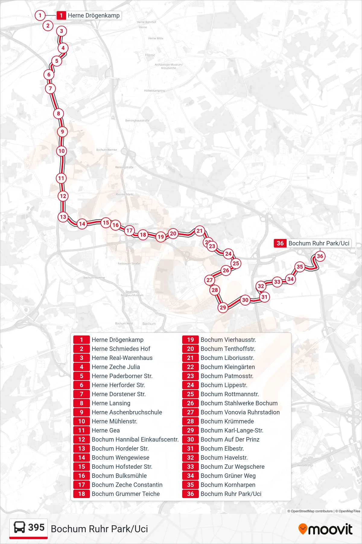 395 bus Line (Bochum Ruhr Park/Uci) route and stops on a map