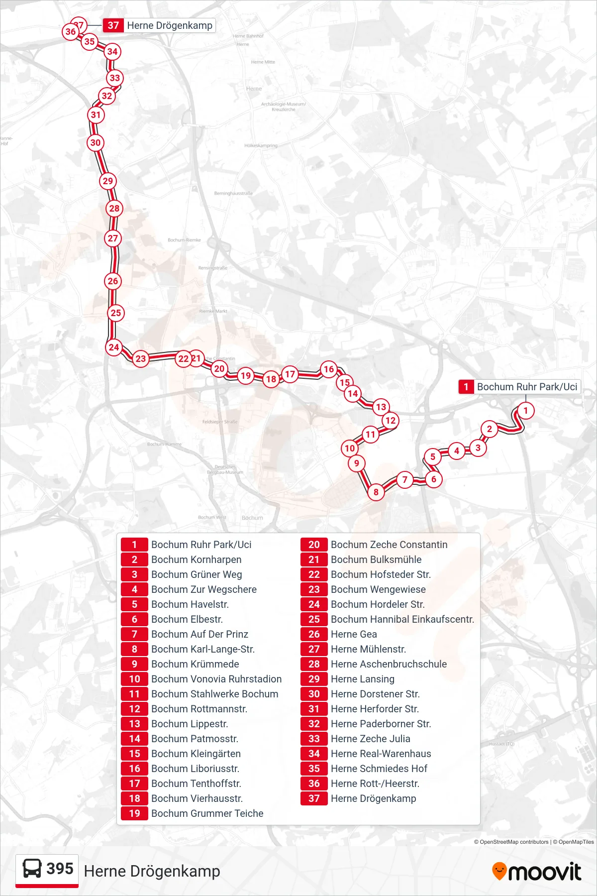 Linie 395 (Bus) Richtung Herne Drögenkamp: Route und Haltestellen auf der Karte