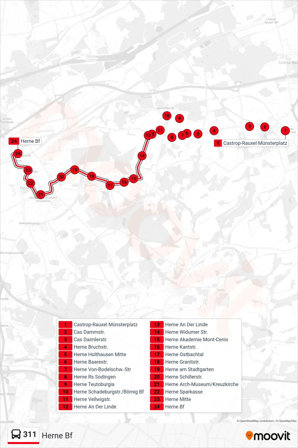 311 bus Line (Herne Bf) route and stops on a map